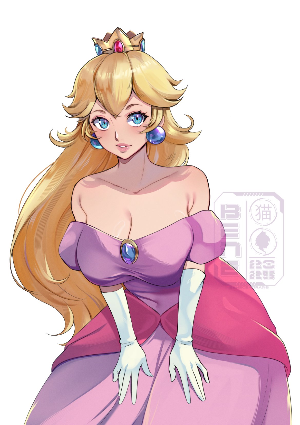 1girls, 5 fingers, artist name, beneceadraws, blonde hair, blush, breasts, cleavage, clothing, crown, dress, female, female only, gloves, hands on own legs, hands on own thighs, highres, large breasts, leaning forward, legs, long hair, looking at viewer, mario (series), nintendo, parted lips, pink lips, princess, princess dress, princess peach, purple dress, sleeveless, sleeveless dress, smile, solo, teeth, thighs, watermark