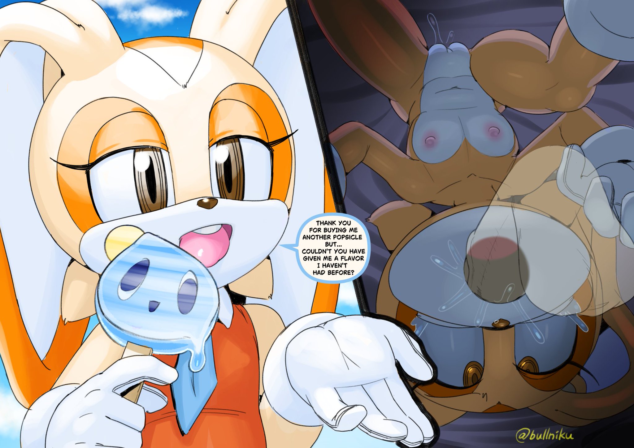 1girls, animal ears, balls, bedroom, blowjob, blush, breasts, brown eyes, bunny ears, bunny tail, cream the rabbit, cub, deepthroat, english text, face fucking, female, furry, furry female, gloves, hotred, male, nipples, nude, oral, oral sex, patreon, penis, popsicle, pussy, pussy juice, rabbit, rabbit ears, rabbit tail, rockthebull, saliva, slim waist, small breasts, sonic (series), sonic the hedgehog (series), sucking, sucking penis, tan fur, testicles, throat fuck, tongue, tongue out