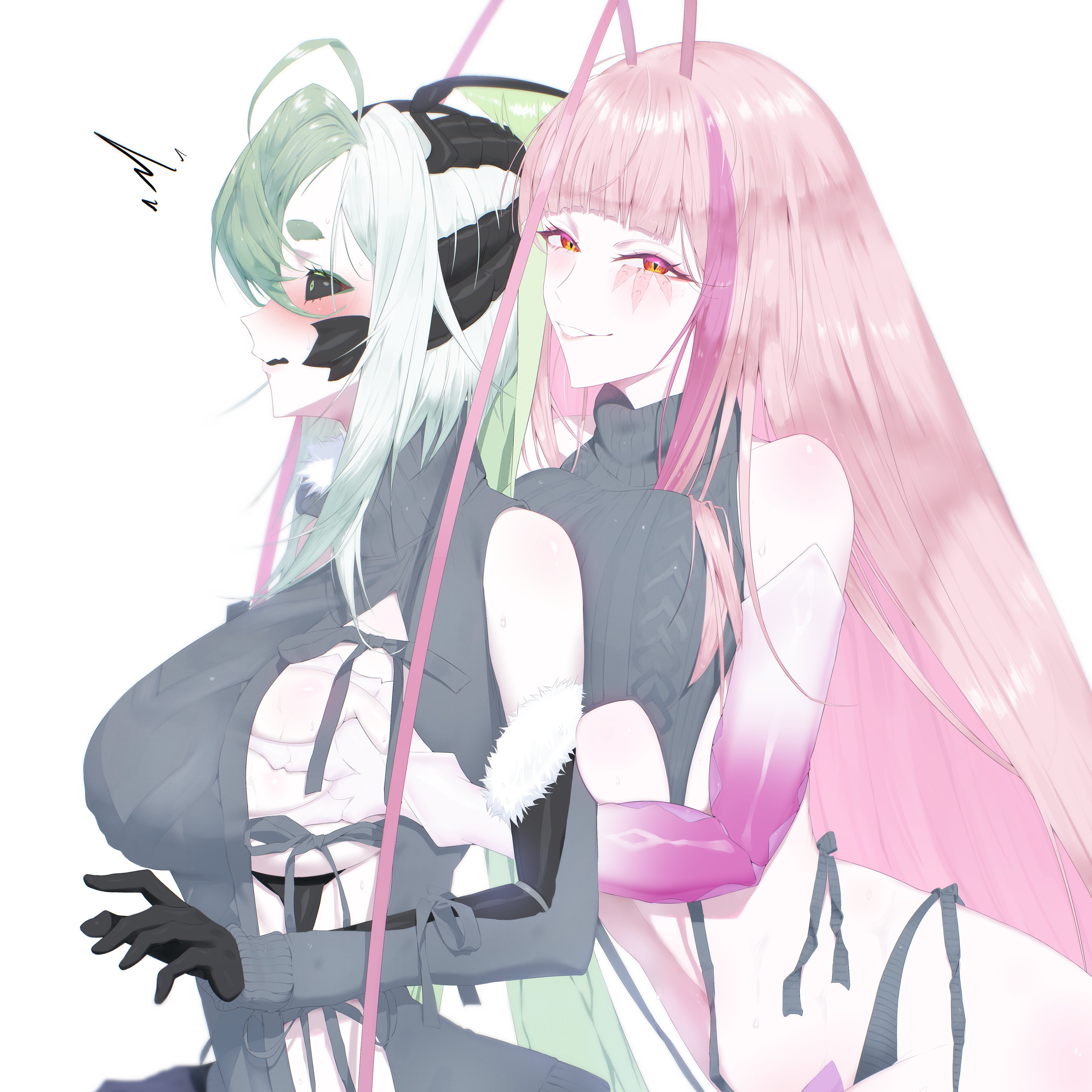 2girls, big breasts, black sclera, blush, breasts, bug girl, clawed fingers, claws, cockroach girl, feelers, female, female focus, female only, green eyes, groping, groping breasts, groping from behind, hips, indie virtual youtuber, insect girl, juniper (egocider), juniper actias, large breasts, long hair, looking at viewer, looking pleasured, matara kan, mature, mature female, milf, mommy, monster girl, moth girl, older female, pink hair, pink skin, red eyes, roach girl, smile, smile at viewer, surprised, underboob, virgin killer sweater, virtual youtuber, vivi co, vtuber, white skin, yuri