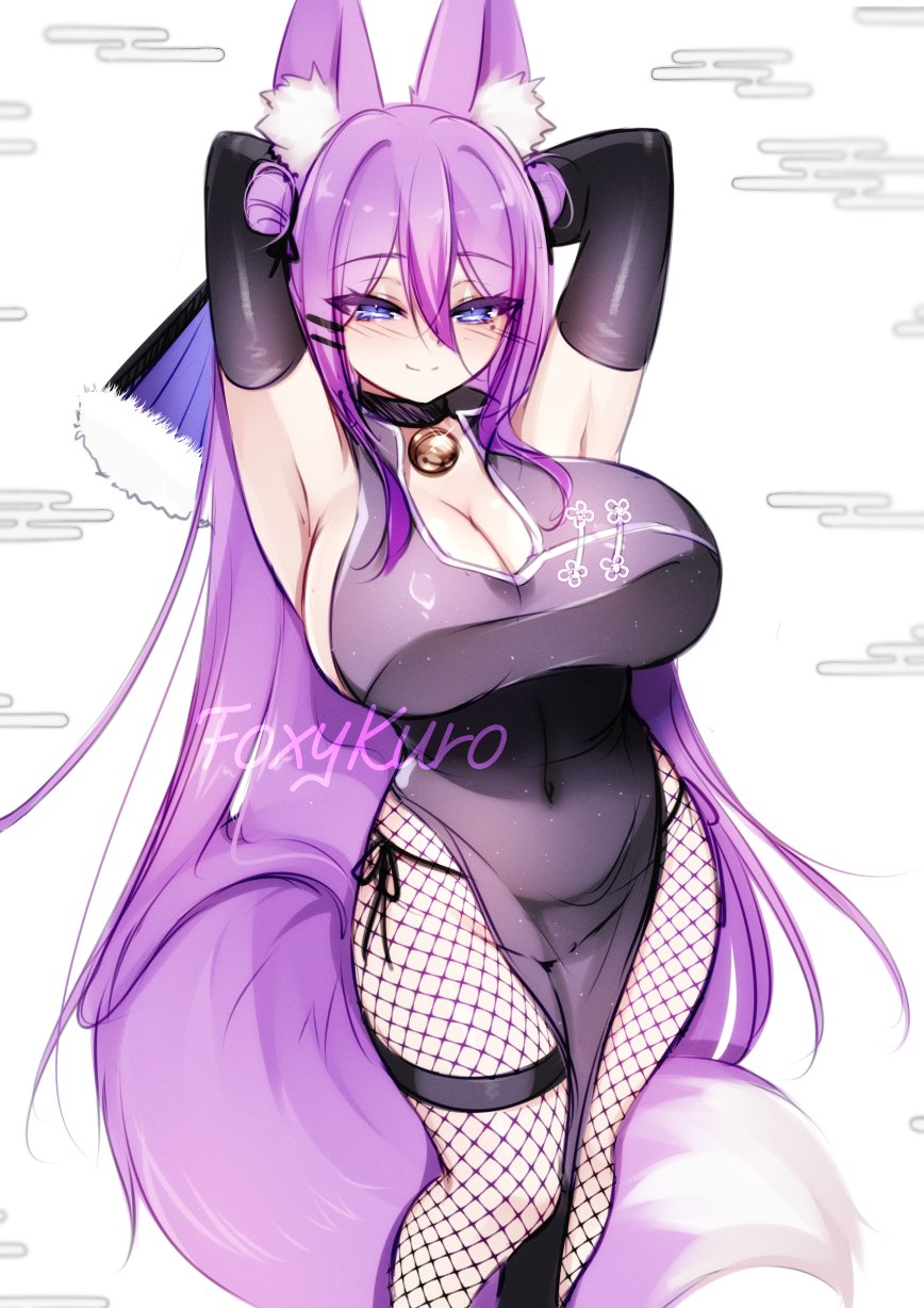 armpits, arms behind head, arms up, bell collar, blue eyes, breasts, cheongsam, choker, cleavage, female, fishnets, fox ears, fox girl, foxykuro, hair over one eye, kuro (foxykuro), large breasts, purple hair, qipao, tail