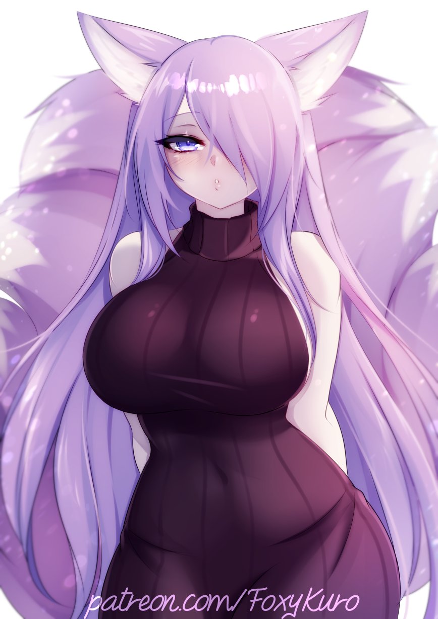 blue eyes, breasts, female, fox ears, fox girl, foxykuro, hair over one eye, kuro (foxykuro), large breasts, pout, purple hair, sweater dress, tail
