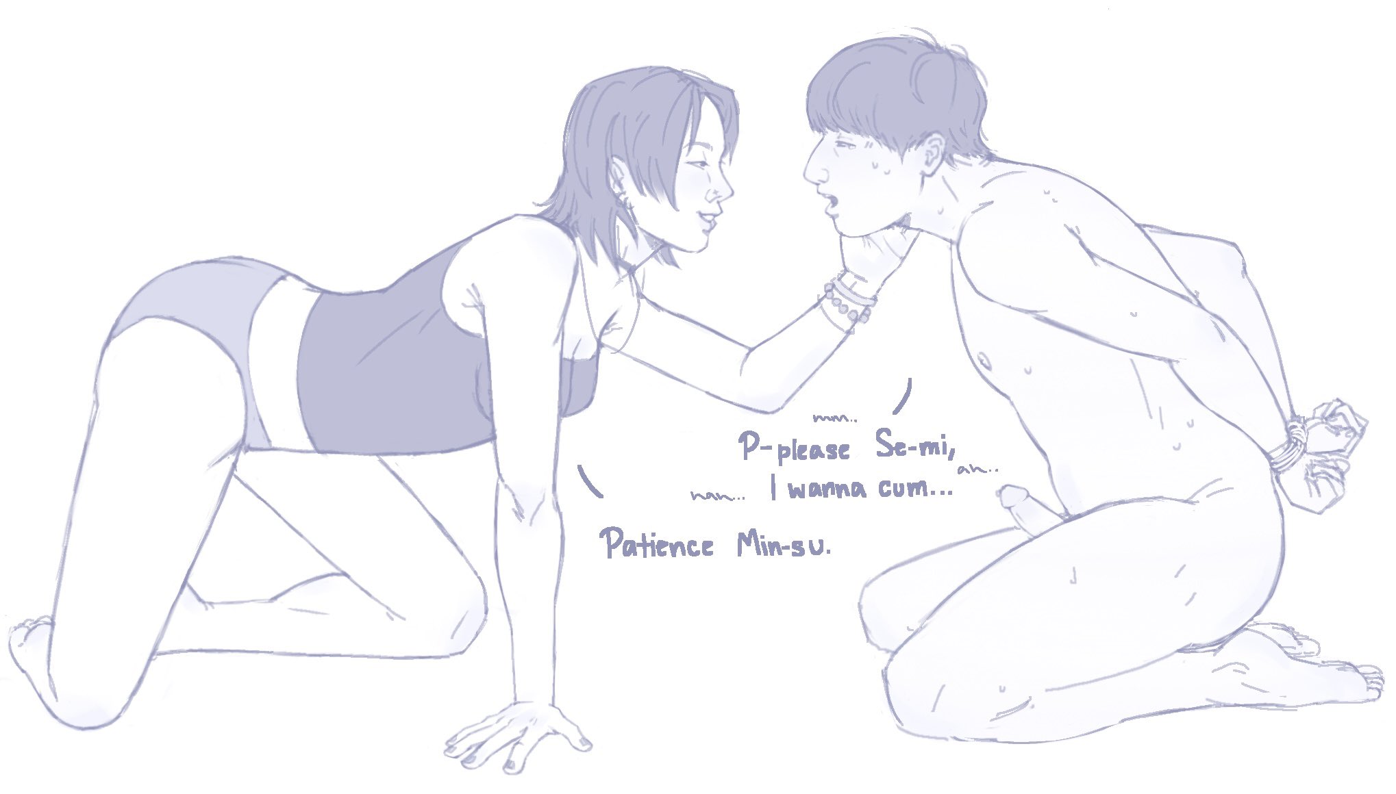 arms behind back, artist request, begging to cum, cfnm, clothed female nude male, controlled, edging, erect penis, female, femdom, male, min-su, orgasm denial, penis, se-mi, squid game, submissive male, tagme, touching, waiting for cum, wrists tied, wrists tied together, wrists together