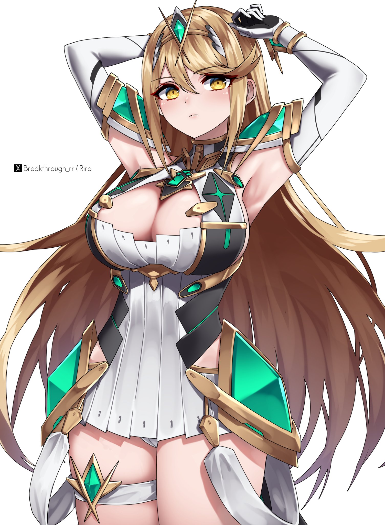 1girls, armpits, arms up, bangs, bare shoulders, blonde hair, blush, breakthrough rr, breasts, cleavage, cleavage cutout, dress, elbow gloves, female, female only, gem, gloves, headpiece, jewelry, large breasts, long hair, looking at viewer, mythra, mythra (xenoblade), short dress, simple background, solo, swept bangs, thigh strap, tiara, very long hair, white background, white dress, xenoblade (series), xenoblade chronicles 2, yellow eyes