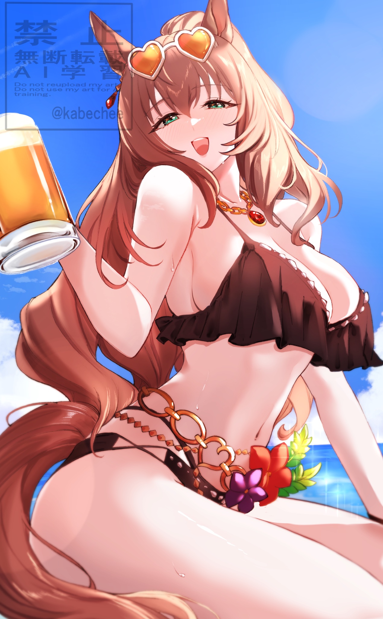 1girls, animal ears, aqua eyes, beer mug, bikini, black bikini, blue sky, bracelet, breasts, brown hair, brown-tinted eyewear, chains, chikabe, cleavage, closed mouth, collarbone, cup, ear ornament, eyewear on head, female, female only, frilled bikini, frills, heart, heart-shaped eyewear, highres, holding, holding cup, horse ears, horse girl, horse tail, jewelry, large breasts, long hair, looking at viewer, maruzensky (hot summer night) (umamusume), maruzensky (umamusume), mug, navel, necklace, ocean, official alternate costume, open mouth, orange-tinted eyewear, outdoors, revision, sky, smile, solo, sunglasses, swimsuit, tail, teeth, thigh strap, tinted eyewear, umamusume, underboob, upper teeth only, water, white-framed eyewear