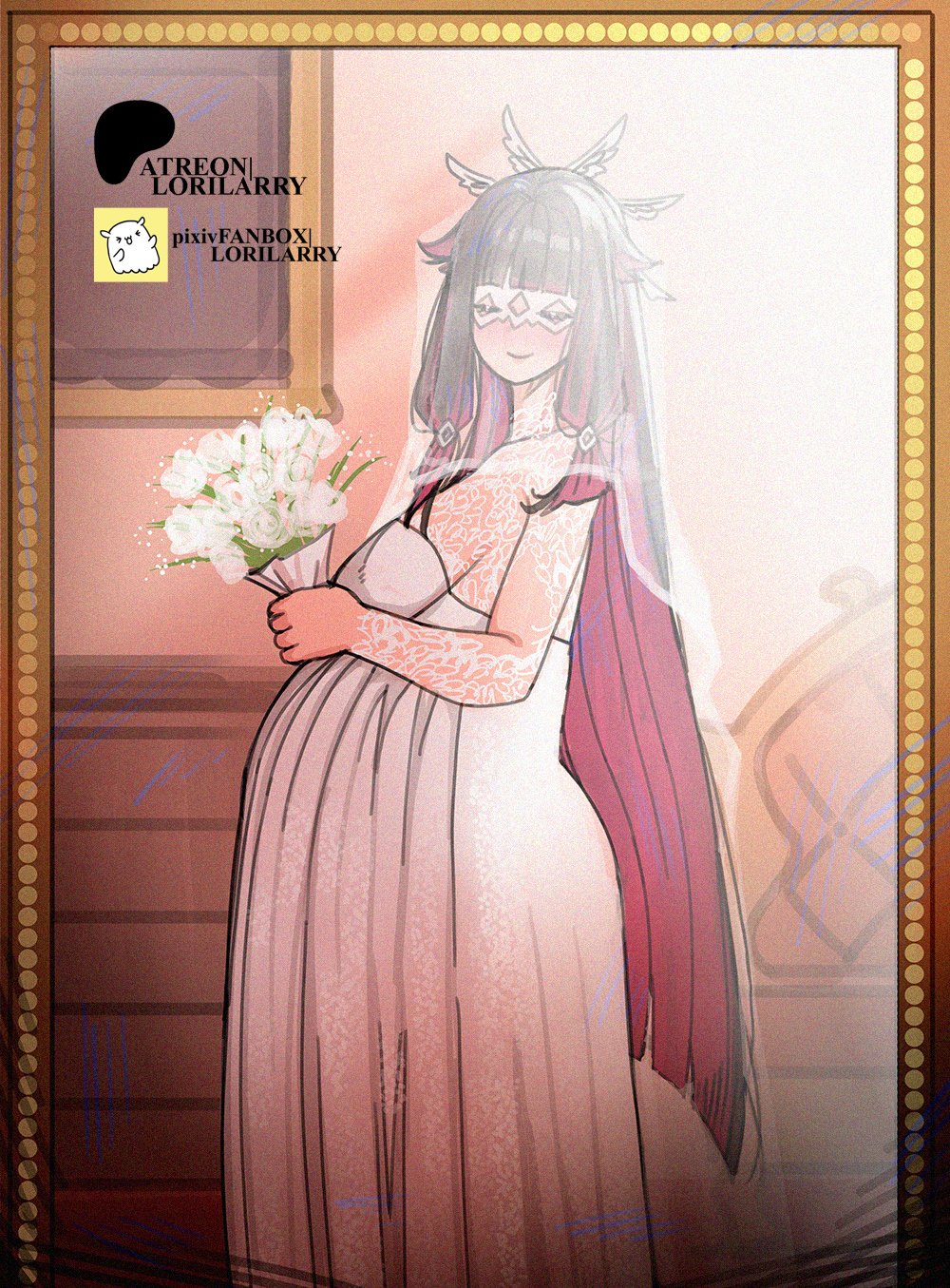 1girls, big belly, big butt, bloated belly, bouquet, closed eyes, clothed, clothing, columbina (genshin impact), female, female only, flowers, genshin impact, hoyoverse, long hair, lorilarry, maternity clothes, maternity dress, mihoyo, mirror, pregnant, veil, wedding dress, wedding veil, wholesome