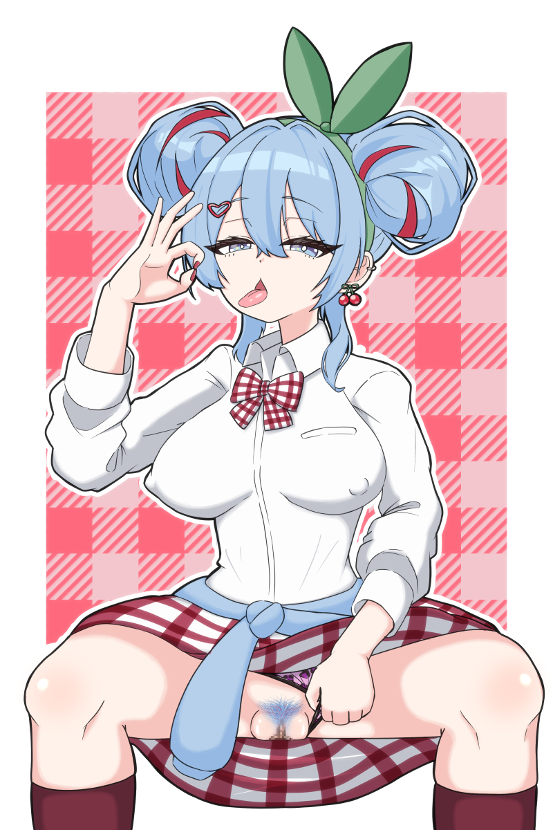 1girl, 1girls, bedroom eyes, blue eyes, blue hair, blue pubic hair, bow, bowtie, breasts, cherry pop (vocaloid), clothes around waist, clothing aside, color, covered nipples, deco27, double bun, earrings, fellatio gesture, felu taro, female, female focus, female only, female pubic hair, flashing pussy, hair bun, hair ornament, hair ribbon, hairband, hatsune miku, heart, innuendo, jewelry, kneehighs, large breasts, light skin, looking at viewer, mv character, nipples visible through clothing, open mouth, panties, panties aside, pixiv link, plaid, pubic hair, purple panties, pussy, ribbon, school uniform, sitting, skirt, socks, soliciting, solo, spread legs, tongue, tongue out, underwear, upskirt, vocaloid