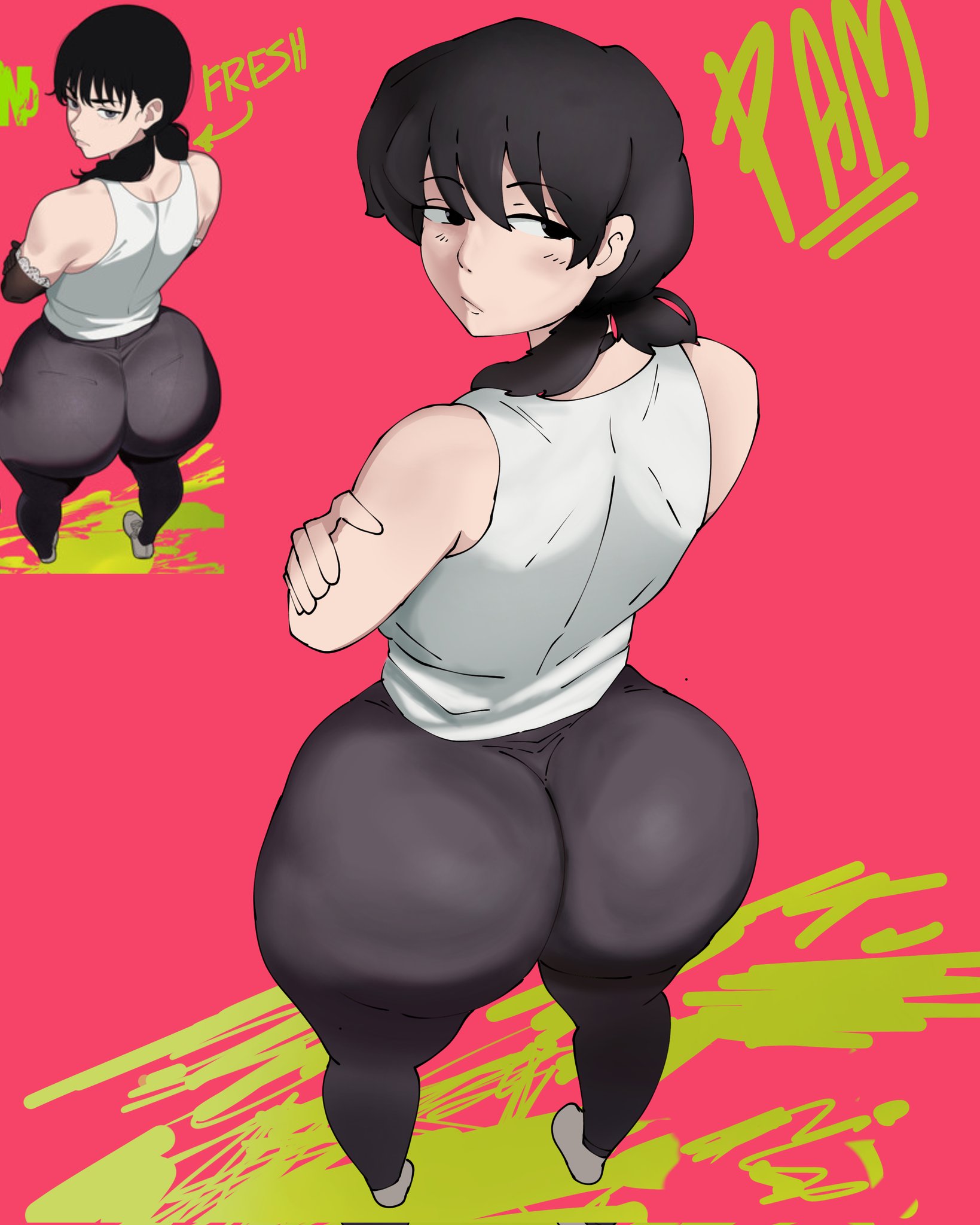 ass focus, big ass, bubble butt, chainsaw man, dark hair, dumptruck ass, fat ass, huge ass, looking back, miri adam, mitaka asa, panties visible through clothing, reference image, round ass, thick thighs, thighhighs, thighs, tied hair, tight clothing, tight pants