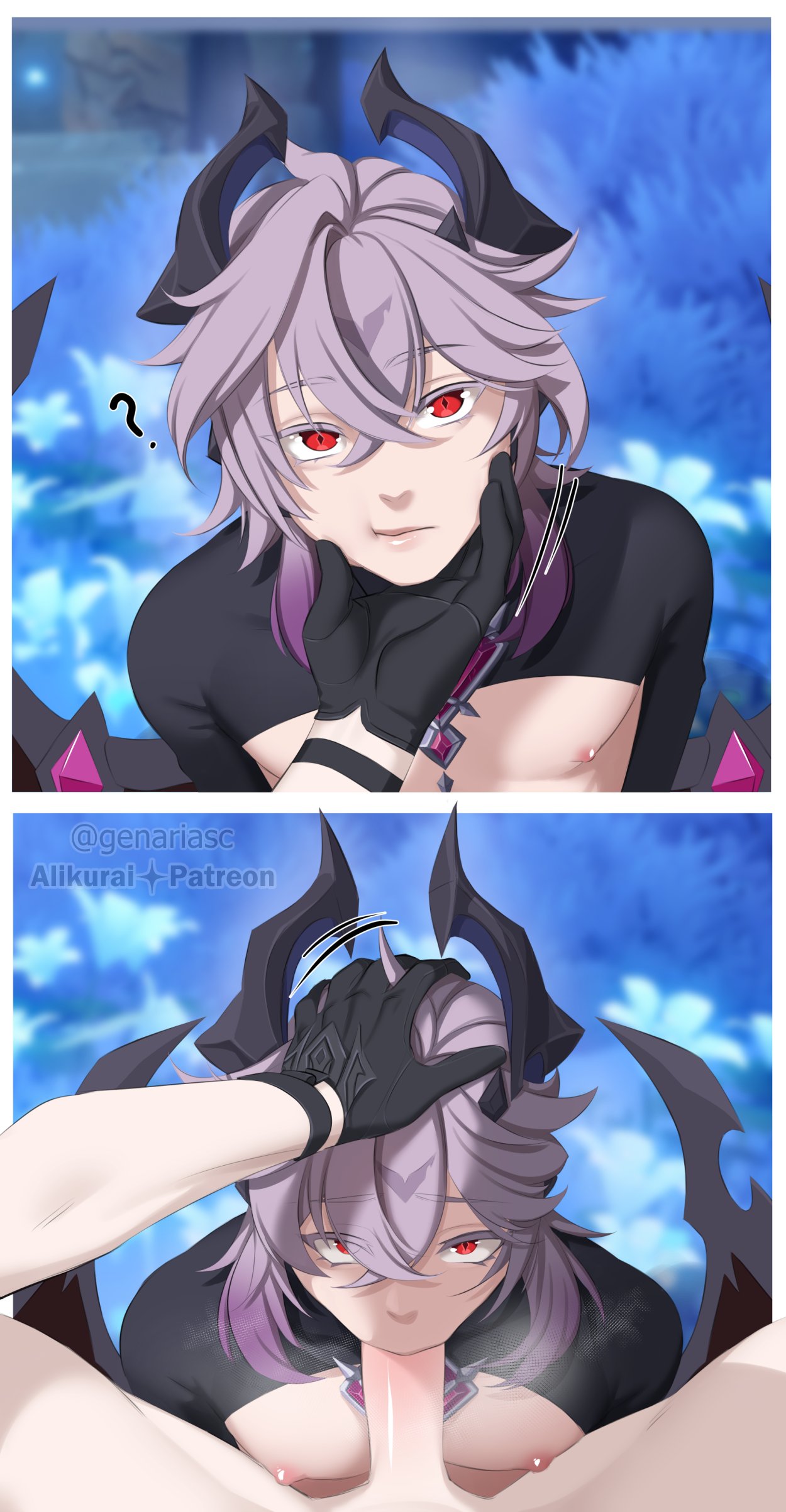 2boys, alikurai, durin (genshin impact), fellatio, gay, genariasc, genshin impact, head grab, horns, hoyoverse, male, male only, male pov, male/male, mihoyo, oral, pov, yaoi