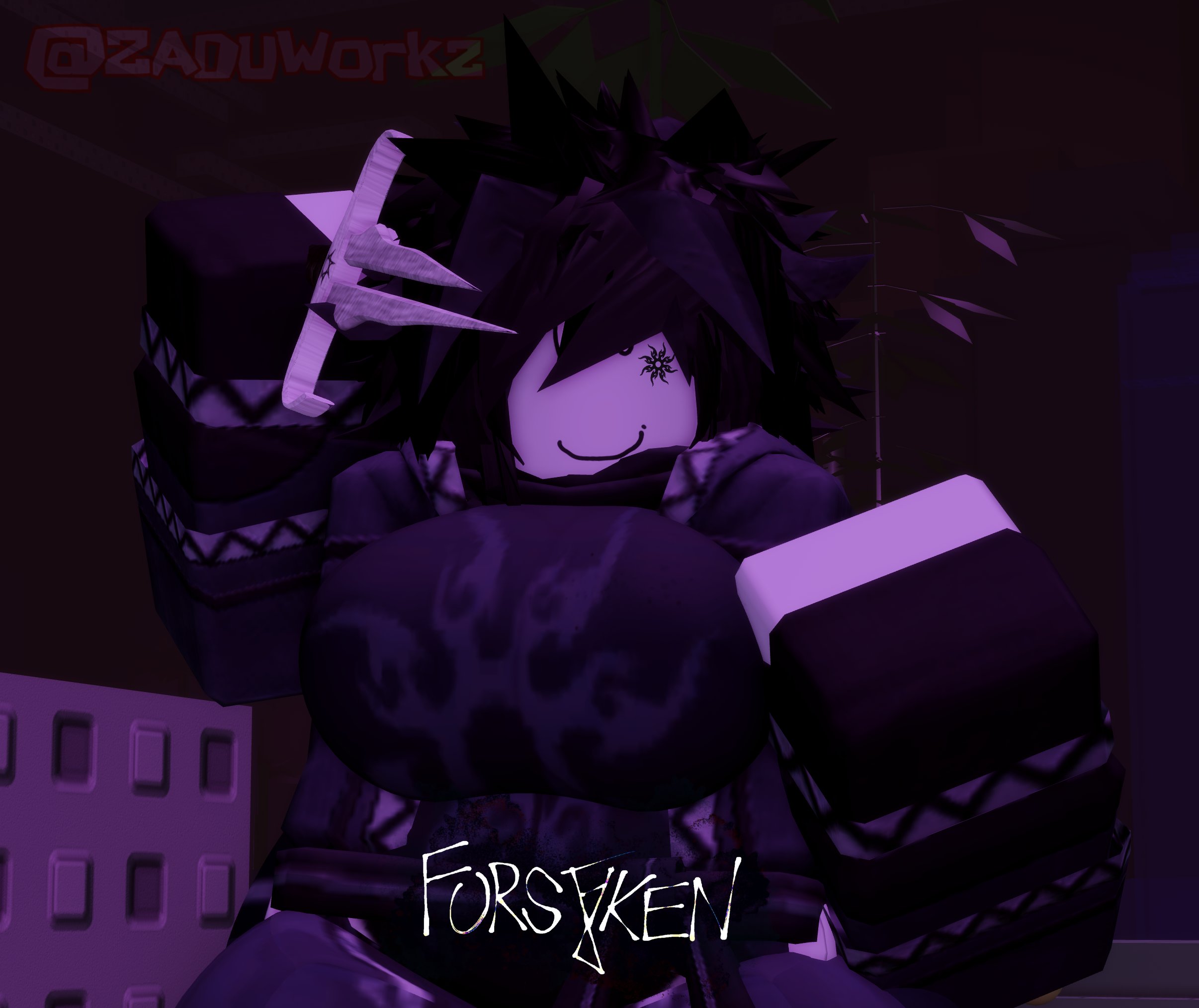 2026, 3d, artist name, big breasts, black hair, breasts, clothed, coat, copyright name, crimstuff, dagger, dark clothing, fingerless gloves, forsaken (roblox), fully clothed, gloves, hair over one eye, holding weapon, long sleeves, looking at viewer, night, nonbinary, nonbinary (lore), outdoors, purple lighting, roblox, roblox game, robloxian, sfw, shirt, short hair, sleeves, smile, solo, spiky hair, standing, thick thighs, thighs, twitter username, two time, watermark, white eyes, white skin, zaduworkz