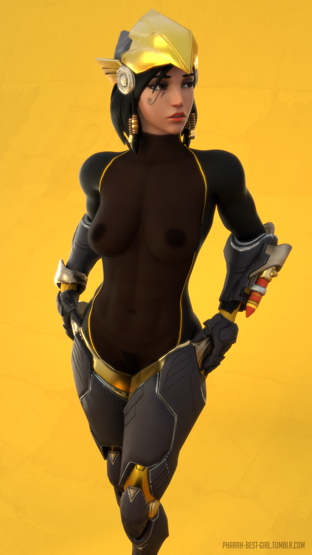 1girls, 3d, abs, black hair, blender, breasts, brown eyes, dark skin, dark-skinned female, egyptian, female, female only, helmet, hi res, medium breasts, muscles, muscular, muscular female, navel, nipples, overwatch, pharah, pharah-best-girl, power armor, pubic hair, scar, see-through, solo