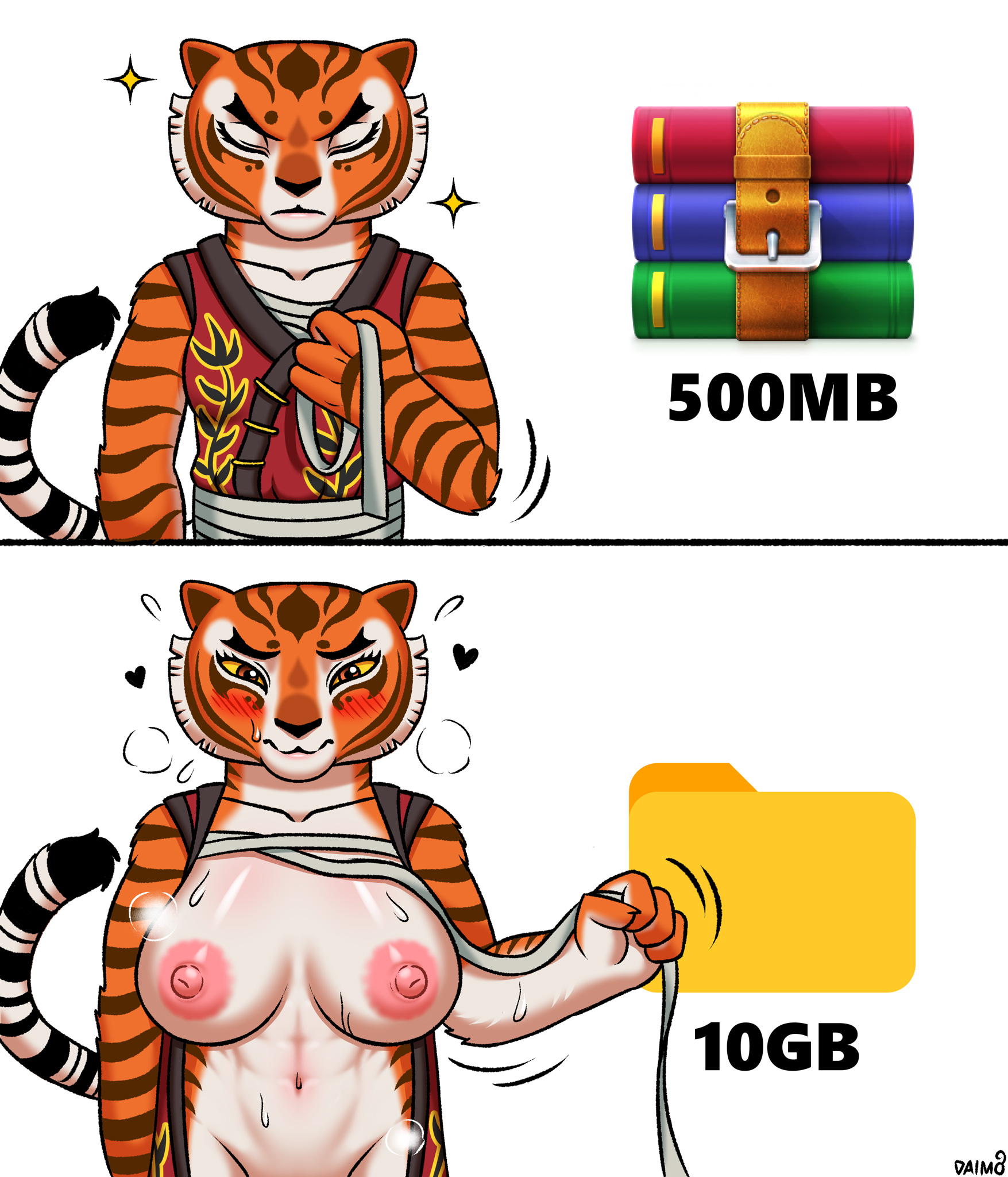 absurd res, bandage, big breasts, blush, bodily fluids, breasts, clothed, clothing, daimo, decompressed file meme, digital media (artwork), dreamworks, english text, eyes closed, fur, heart symbol, hi res, kung fu panda, looking at viewer, mammal, master tigress, nipples, orange body, simple background, skimpy, sparkles, stripes, tail, text, tiger, tight clothing