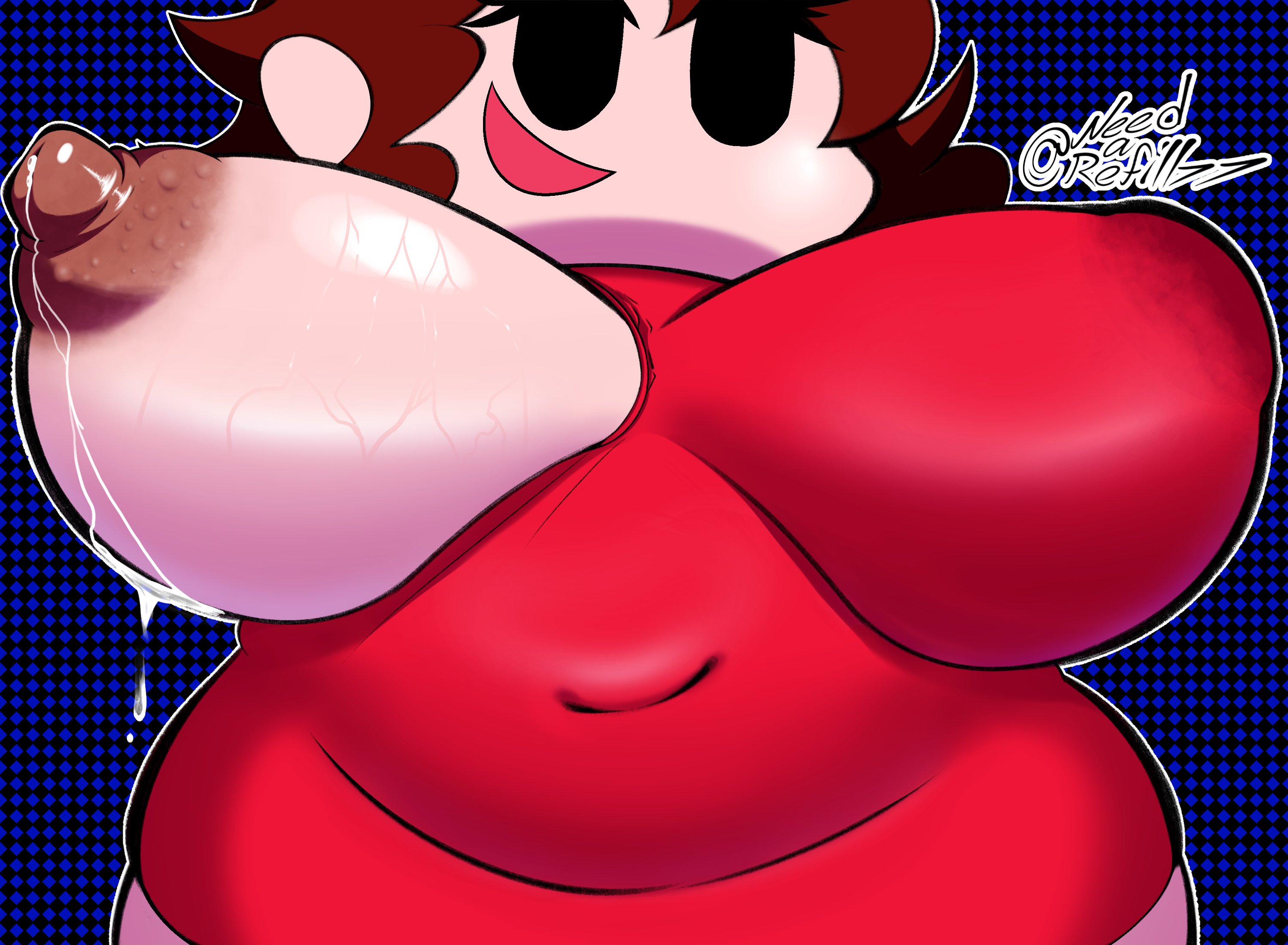 artist name, artist request, artist signature, big breasts, breast out, chubby, chubby belly, chubby female, dark nipples, dress, dumb, dumb face, dumb girl, erect nipples, friday night funkin, girlfriend, girlfriend (friday night funkin), huge breasts, large breasts, long hair, milk, milk drip, milking breasts, needarefill77