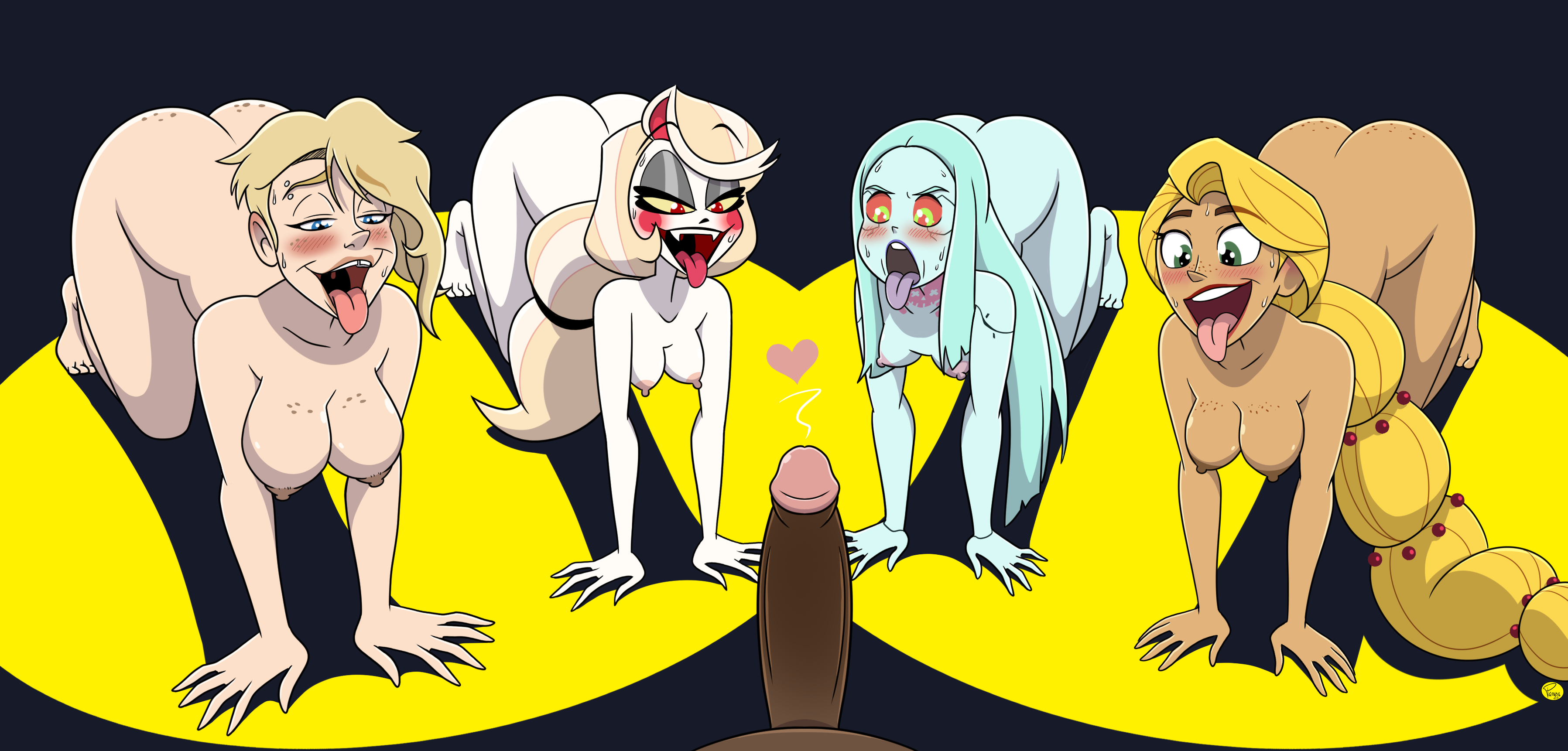 4girls, aged up, big breasts, big penis, blonde hair, blushing, breasts, charlie morningstar (hazbin hotel), crossover, cyberpunk: edgerunners, dark-skinned male, disney, female, freckles, gwen stacy, gwen stacy (spider-verse), hazbin hotel, horny, ilpanza, interracial, long hair, male, marvel, medium breasts, naked, naked female, nude, nude female, penis, rapunzel, rapunzel (tangled), rebecca (edgerunners), short hair, small breasts, spider-man: across the spider-verse, spider-man: into the spider-verse, tangled, tongue, tongue out