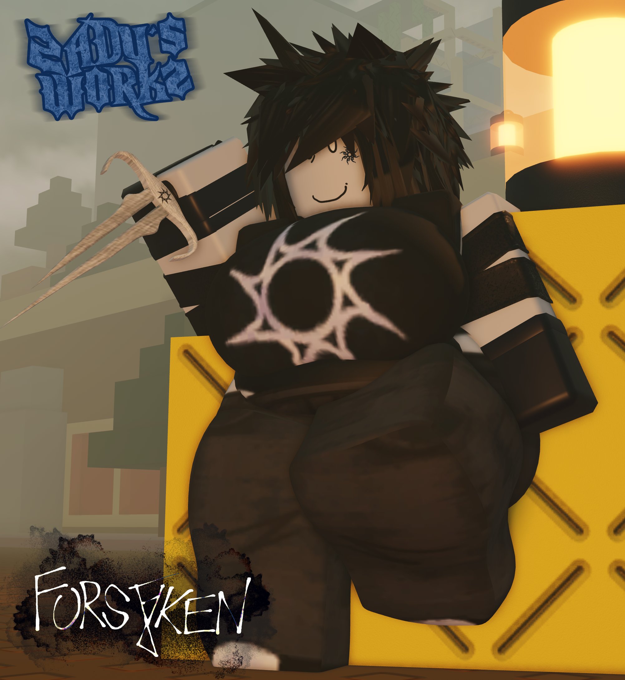 2025, 3d, artist name, ass, bandaged arm, bandaged arms, bandages, bandages on arms, big ass, big breasts, black bandages, black clothing, black hair, black pants, black shirt, black shoes, breasts, chubby, clothed, clothing, copyright name, crimstuff, dagger, fingerless gloves, fog, forsaken (roblox), fully clothed, gloves, hair covering eye, holding weapon, lantern, looking at viewer, nonbinary, nonbinary (lore), outdoors, pants, roblox, roblox game, robloxian, shoes, short hair, sleeveless, sleeveless shirt, smile, solo, spiky hair, standing, thick thighs, thighs, tree, trees, two time, white eyes, white skin, zaduworkz
