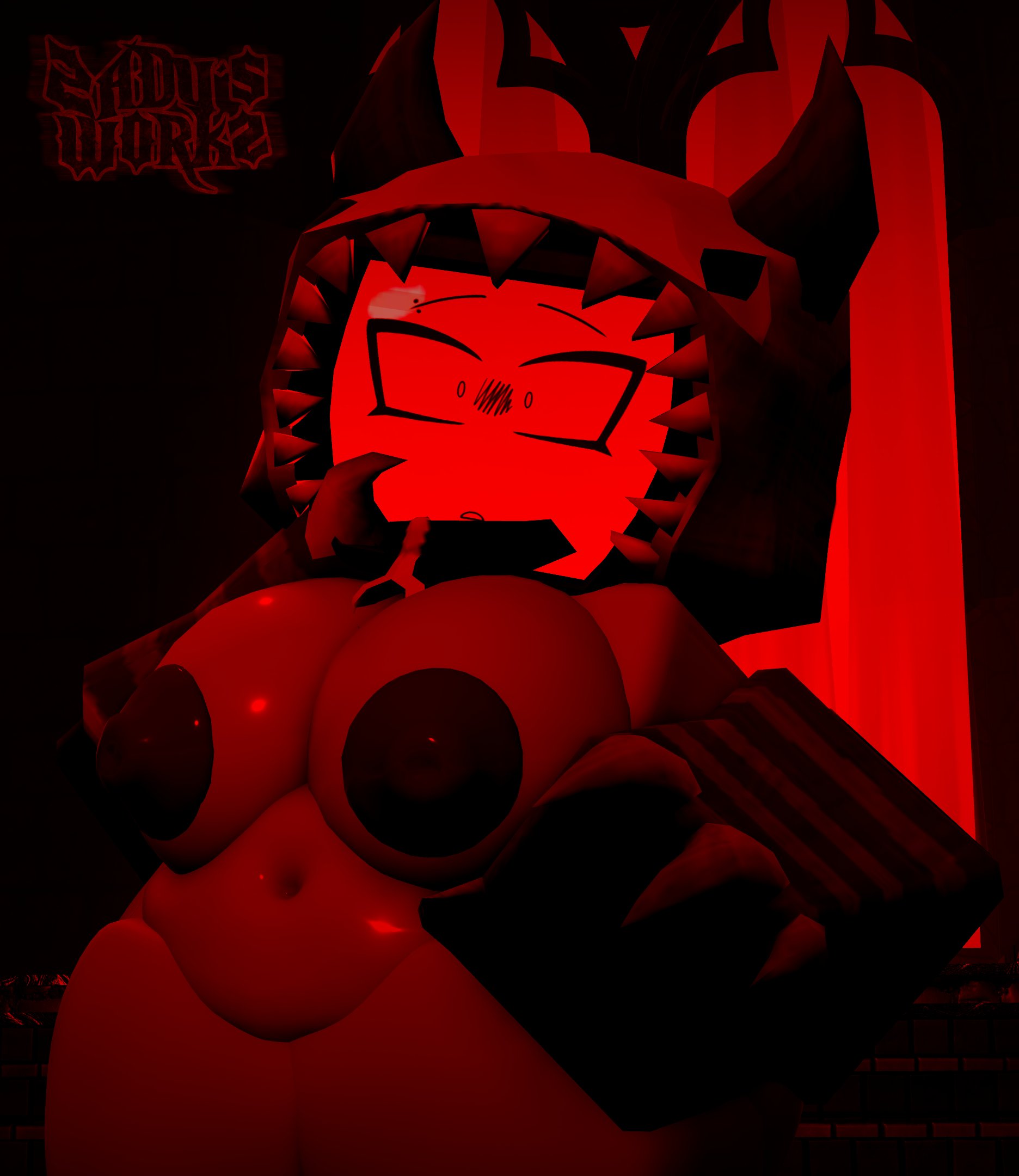 1girls, 2026, 3d, artist name, big breasts, breasts, chubby, claws, crimstuff, detached sleeves, drako veeronica, eyebrows, female, female only, forsaken (roblox), hood, indoors, nipples, no visible genitalia, nude, nude female, open mouth, red lighting, roblox, roblox game, robloxian, robot, robot girl, sleeves, solo, stomach, striped sleeves, surprised, surprised expression, thick thighs, thighs, tv head, veeronica, watermark, zaduworkz