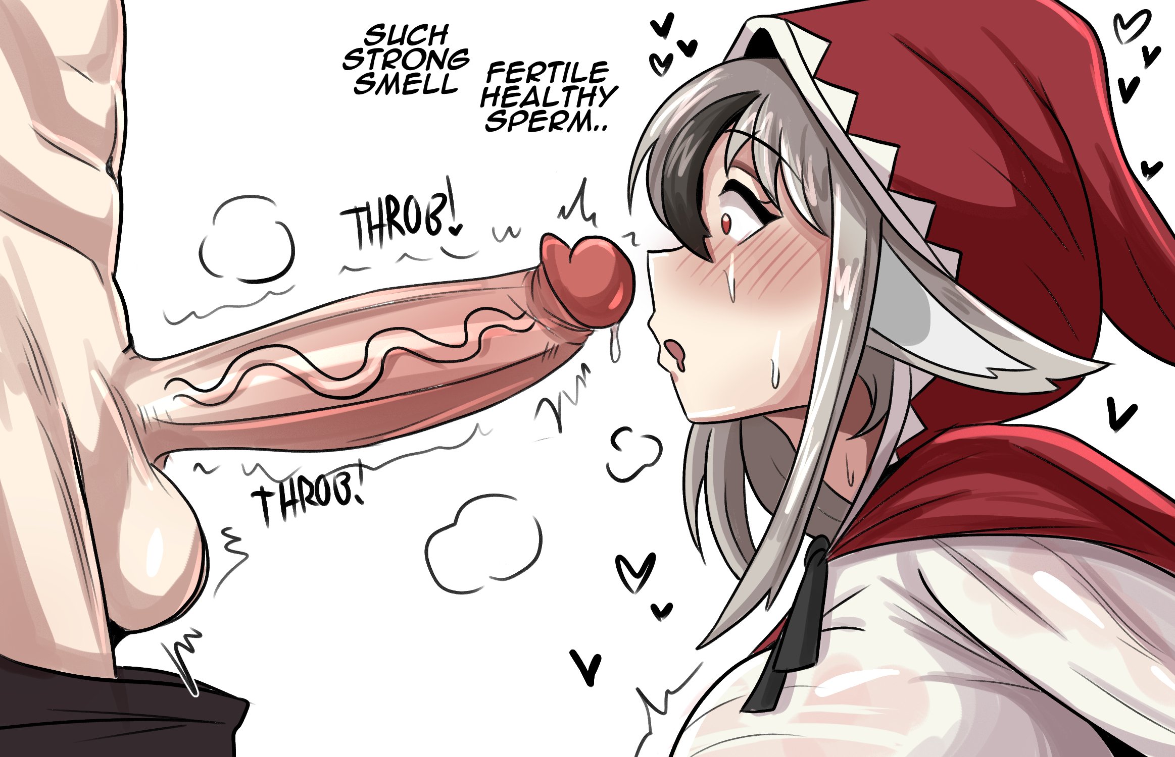 1boy, 1girls, balls, big penis, blush, dialogue, drooling, female, fire emblem, fire emblem fates, grayside, grey hair, imminent oral, imminent sex, kemonomimi, light skin, light-skinned female, light-skinned male, male, nintendo, penis, penis awe, text, twitter link, uncensored, velouria (fire emblem), wide eyed, wolf ears, wolf girl