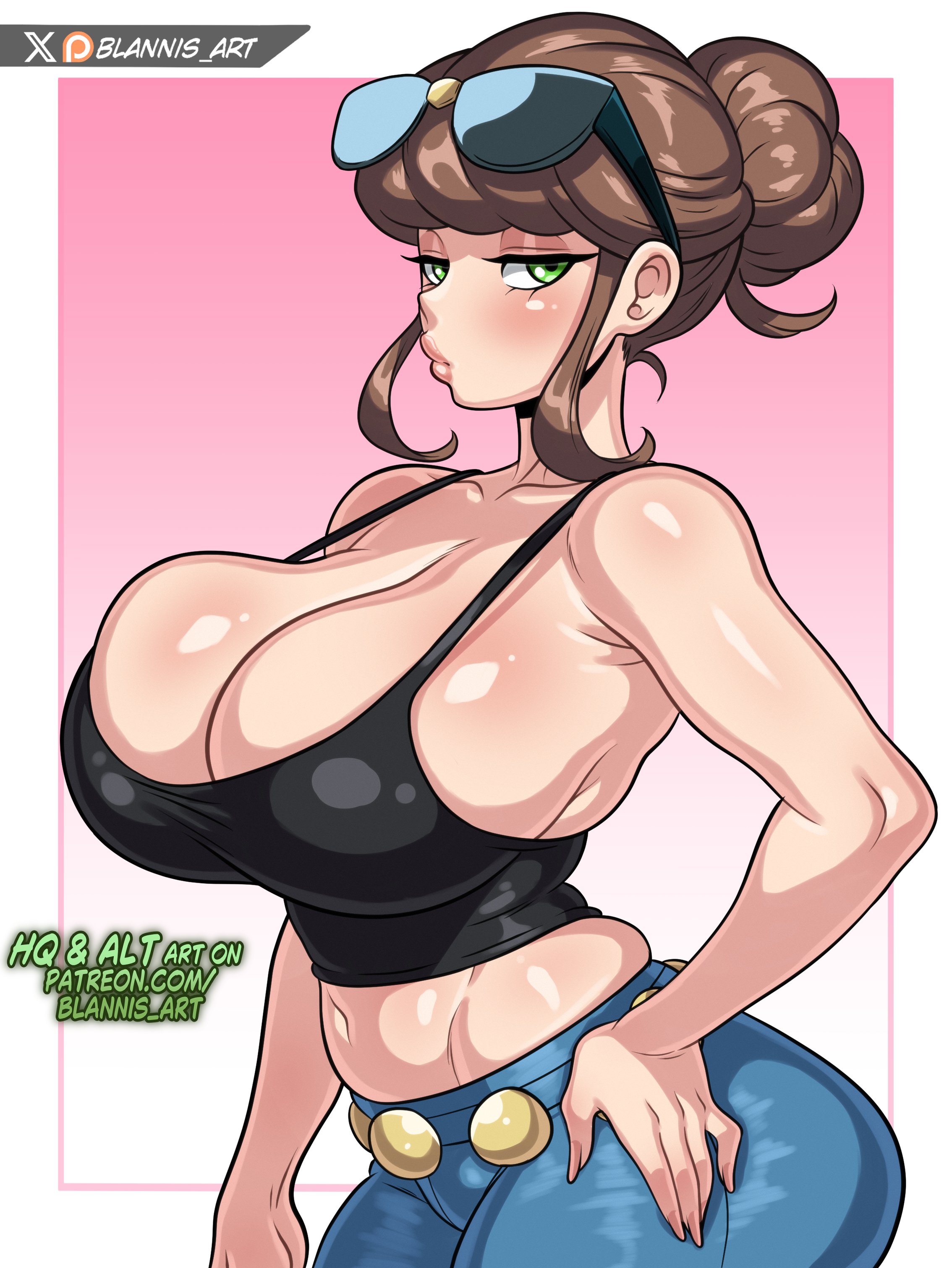 1girls, beauty (pokemon xy), beauty (pokemon), blannis art, breasts, female, female only, huge breasts, light skin, light-skinned female, looking at viewer, midriff, nintendo, pokemon, pokemon xy, solo, sunglasses, sunglasses on head, thick thighs, thighs, wide hips