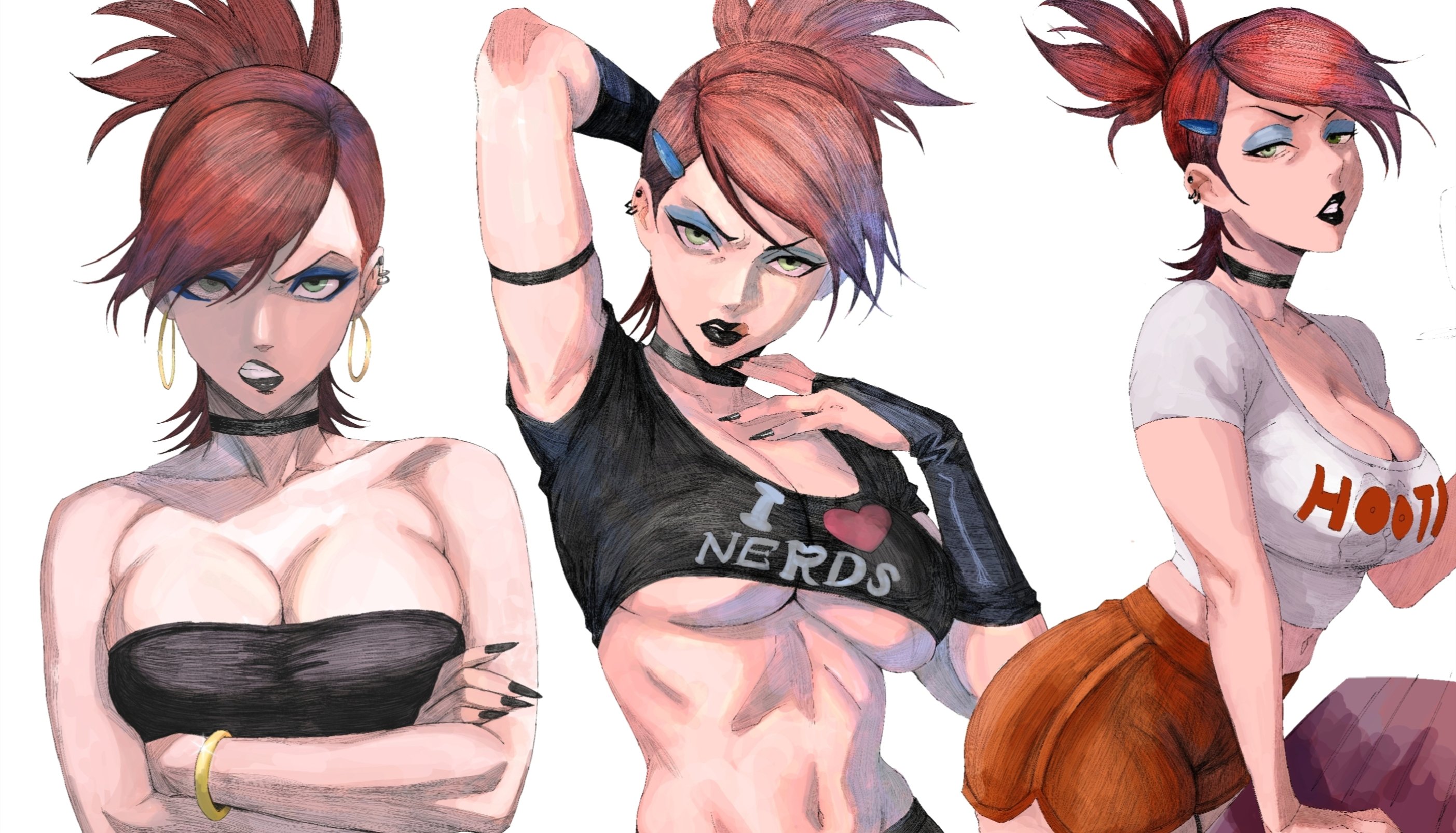 1girls, 2d, 2d (artwork), abs, all black, angry, angry expression, angry face, arm behind head, arms up, big breasts, black lipstick, blue eyes, boob window, breasts, choker, crop top, crossed arms, ear piercing, earrings, exposed midriff, eyebrows, eyelashes, eyeliner, female, female only, fingerless elbow gloves, foster's home for imaginary friends, frankie foster, green eyes, hex mamaniac, hooters, hooters uniform, huge boobs, huge breasts, lipstick, makeup, midriff, midriff baring shirt, nail polish, pierced ears, red hair, redhead, redhead female, round breasts, simple background, solo female, tagme, tits, tongue out, underboob, wristband