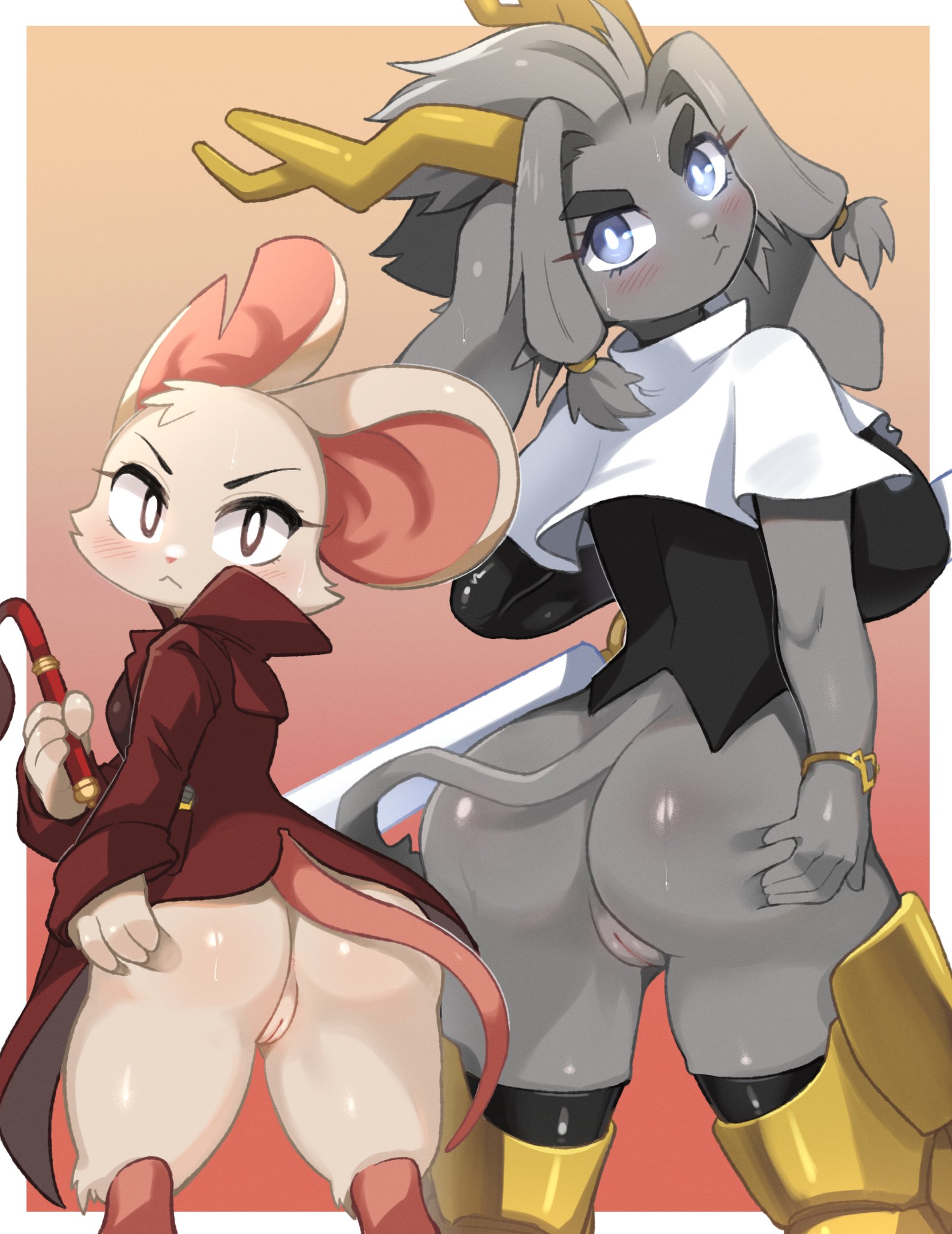 2girls, anthro, ass, blush, bottomless, crossover, female, female only, furry, grey fur, lao cia, looking back, mina (mina the hollower), mina the hollower, mouse ears, pseudoregalia, sybil (pseudoregalia), tail, yacht club games