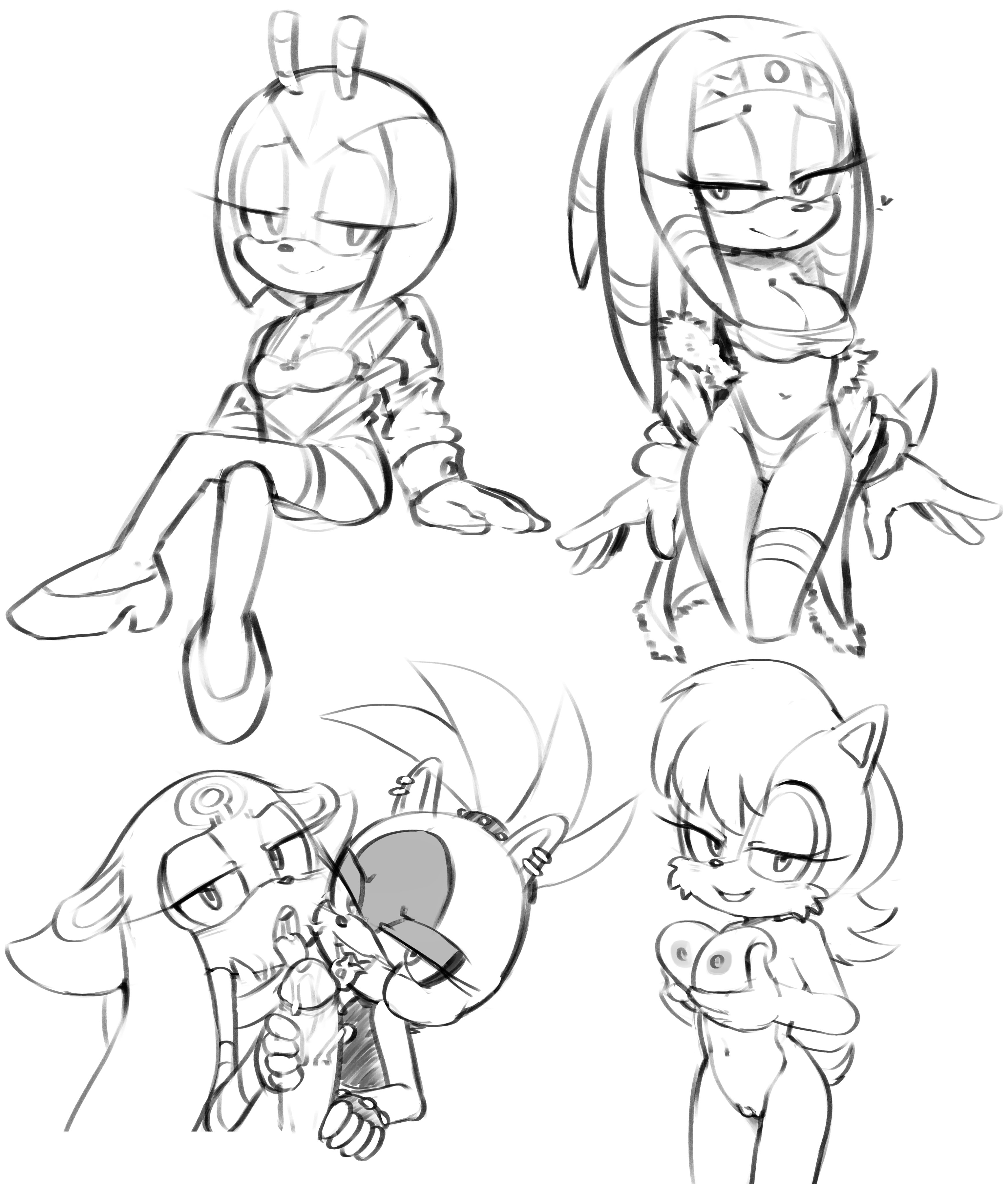 2026, 5girls, anthro, beetle, bikini, blowjob, bra, chipmunk, cum, cum in mouth, echidna, faceless male, female, gold the tenrec, hand on penis, jewel the beetle, licking penis, monochrome, naked, nipples, penis, sally acorn, sharing, showing breasts, smile, smiling at viewer, sonic (series), sonic the hedgehog (comics), sonic the hedgehog (series), sucking penis, surge the tenrec, tenrec, tenshigarden, tikal the echidna, tongue out
