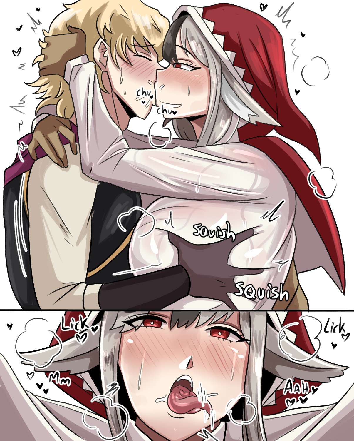 1boy, 1girls, blonde hair, blush, breast grab, female, fire emblem, fire emblem fates, grayside, grey hair, head grab, kiss pov, kissing, large breasts, male, male pov, nintendo, pov, pov kiss, siegbert (fire emblem), velouria (fire emblem), wolf ears, wolf girl