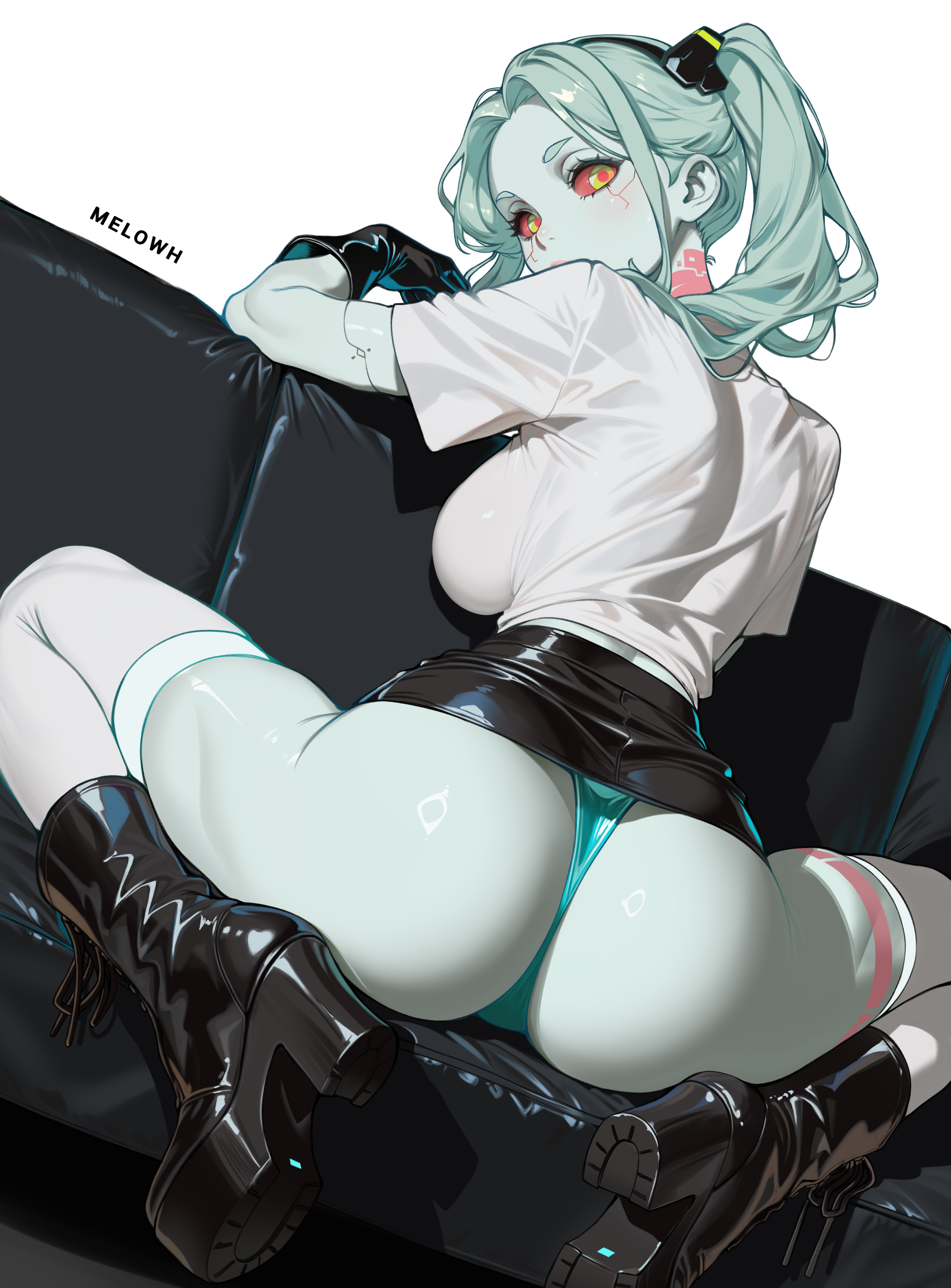 1girls, ass, ass focus, cyberpunk 2077, cyberpunk: edgerunners, female, female only, fully clothed, heels, high heel boots, high heels, melowh, panties, platform heels, rebecca (edgerunners), skimpy clothes, tagme