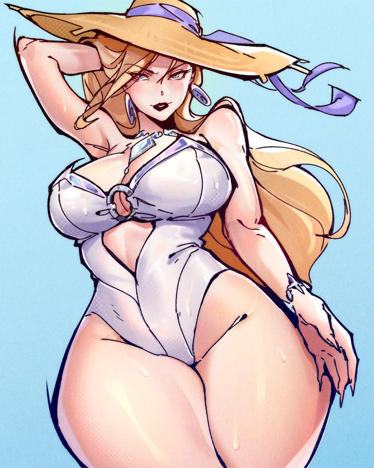 1girls, 2d, breasts, bubene, clothed, emma frost, emma frost (marvel rivals), emma frost (white wave queen), female, female focus, female only, fully clothed, large breasts, light skin, light-skinned female, marvel, marvel rivals, one-piece swimsuit, solo, swimsuit, thick thighs, thighs, wide hips, x-men
