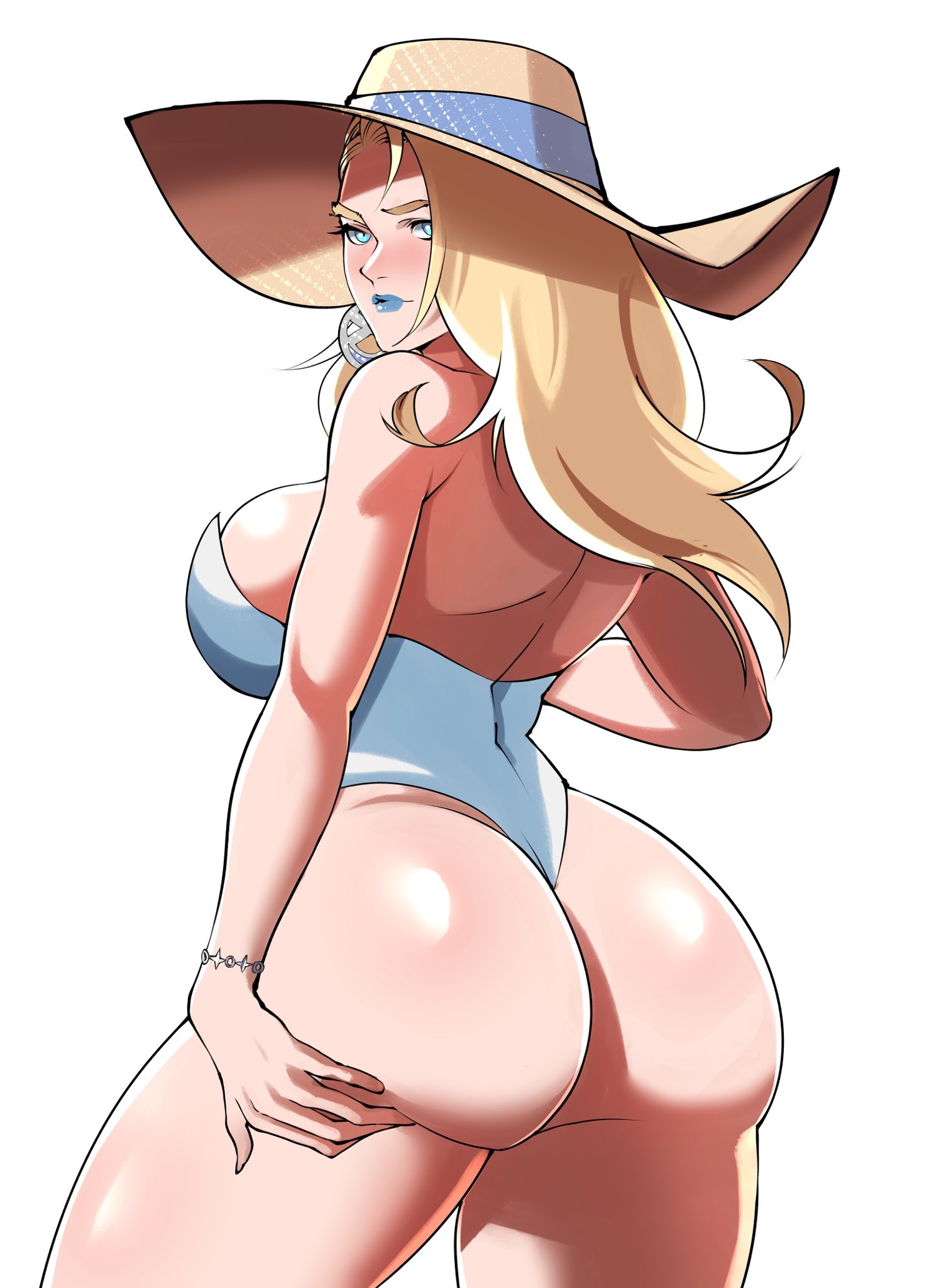 2d, ass, ass focus, big ass, blonde female, blonde hair, blue eyes, bubble ass, bubble butt, clothed, dat ass, emma frost, emma frost (marvel rivals), emma frost (white wave queen), fully clothed, marvel, marvel rivals, milf, sengaki, solo, swimsuit, x-men