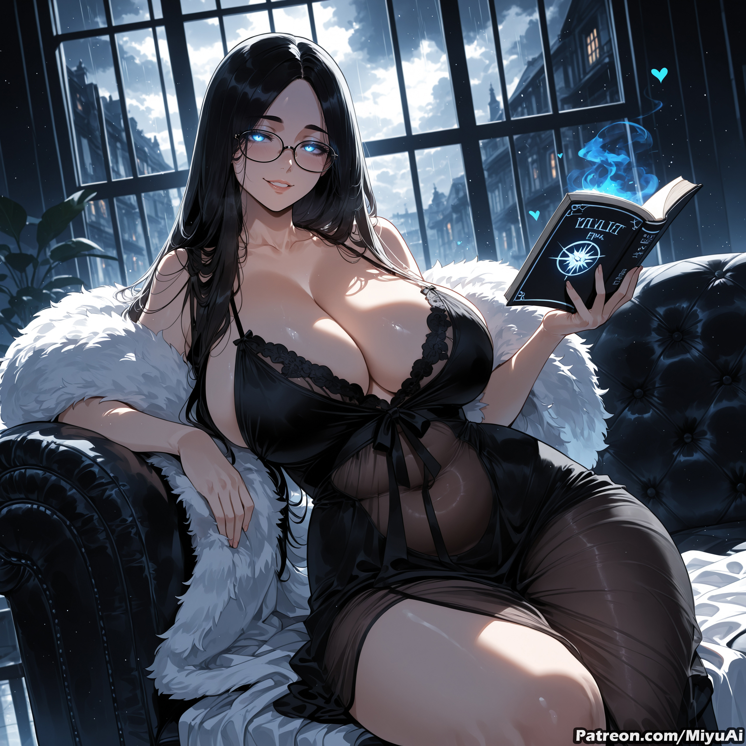 1girl, ai assisted, ai generated, artist name, bangs, bare shoulders, black hair, bleach, blue butterfly, blue eyes, blush, book, breasts, bug, butterfly, cleavage, collarbone, couch, curvaceous, curvy, curvy female, curvy figure, dress, female, fur trim, glasses, indoors, insect, long hair, looking at viewer, miyuai, parted bangs, sitting, smile, solo, thick, thick ass, thick butt, thick hips, thick legs, thick thighs, thighs, underwear, unohana retsu, voluptuous, voluptuous female, wide hips, wide thighs, window