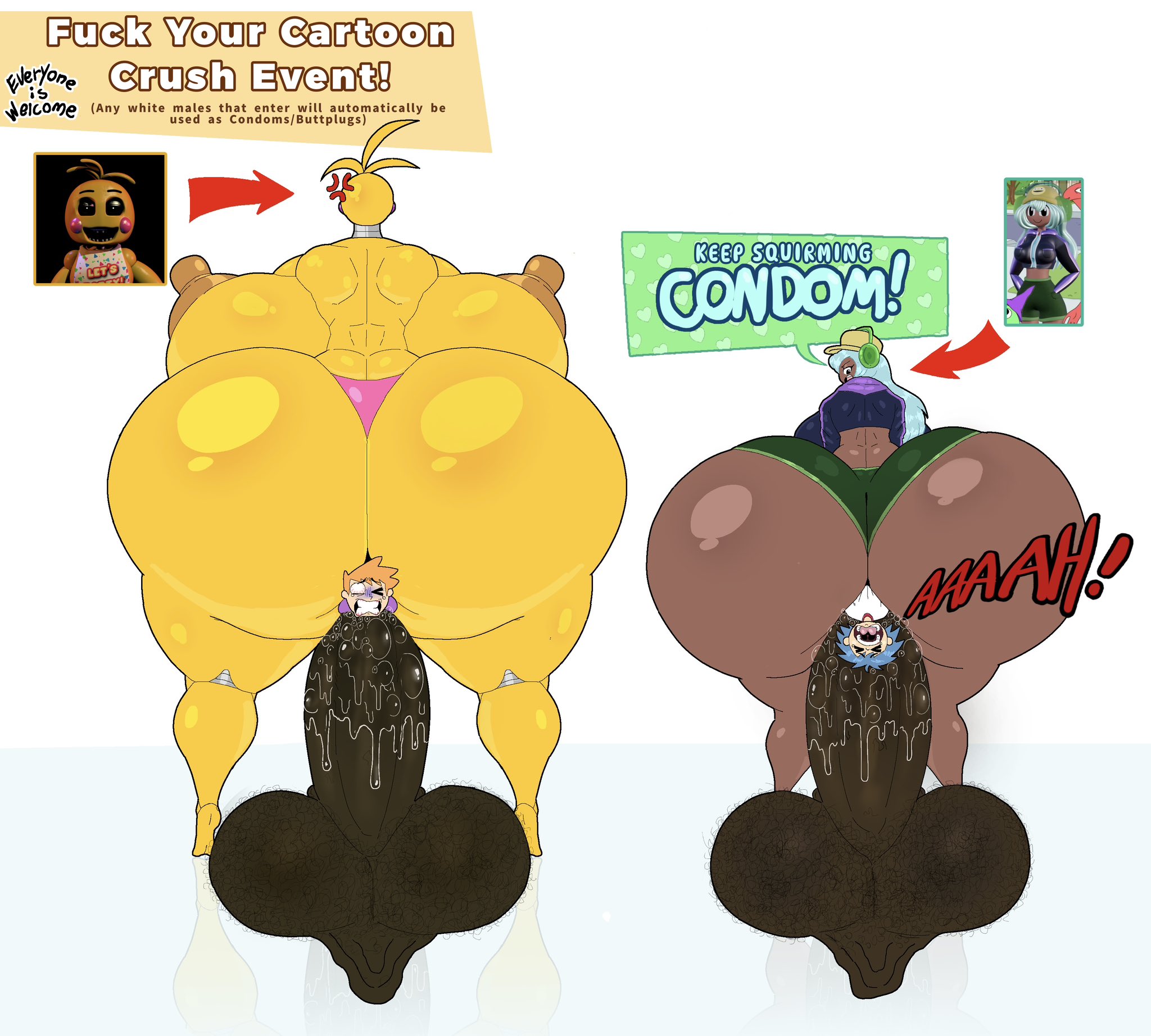 2026, 2d, 2girls, 2girls4boys, 4boys, anal, anal insertion, anal vore, angry, aqua hair, big ass, big breasts, big penis, black skin, curvy female, curvy figure, dark skin, dark skinned female, dark skinned male, dark-skinned penis, dolly dimpley, female, five nights at freddy's, five nights at freddy's 2, hairy balls, huge ass, huge balls, human condom, imminent sex, living butt plug, living buttplug, living condom, naked female, nipples, nude female, penis, racism, smiling friends, straight, text, torture, tortured, toy chica (fnaf), trapped in butt, varix, vore, yellow hair, yellow skin