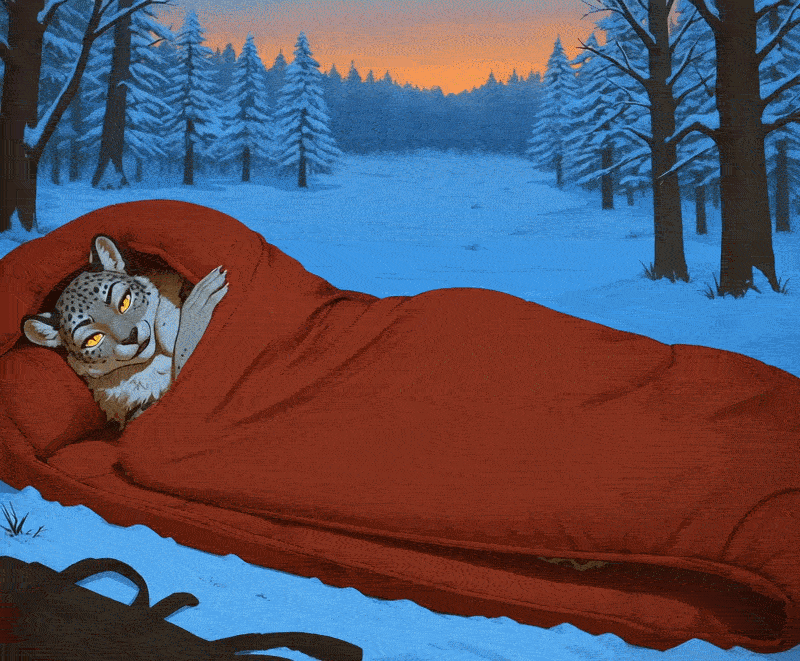 ai_animation ai_generated animated anthro balls big_breasts big_penis black_nipples black_penis bodily_fluids breasts camping claws curvy_figure dialogue dusk english_text felid flaccid forest fur furry genital_fluids genitals gif glowing glowing_eyes grey_body grey_fur gynomorph gynomorph_anthro intersex intersex_anthro leaking_precum loop looping_animation lying mammal neck_tuft nipples on_side pantherine penis plant precum pupils short_playtime sleeping_bag slit_pupils smile smirk snow snow_leopard solo spots tail talking_to_viewer text tree tuft vbs voluptuous yellow_eyes