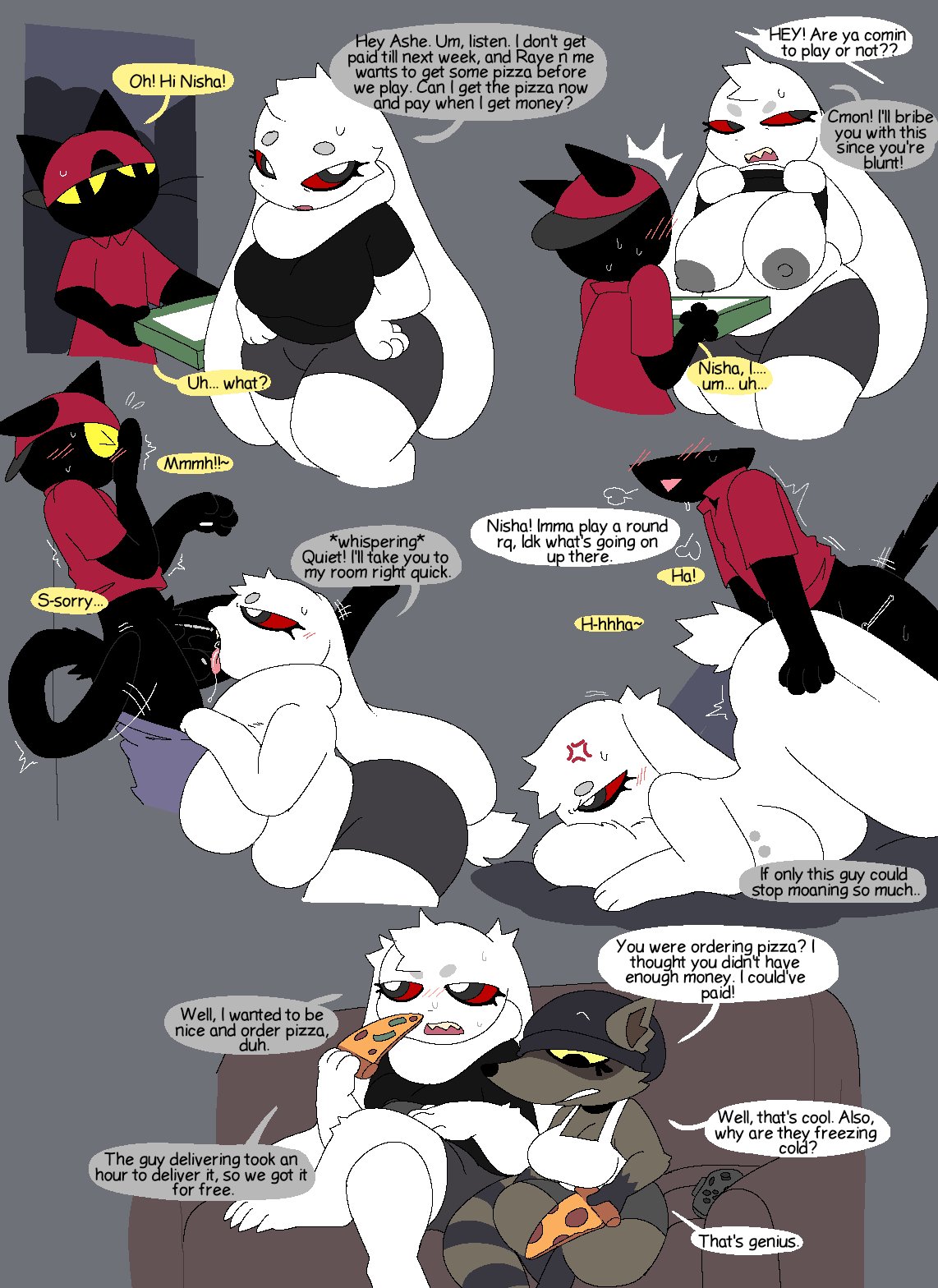1boy, 2026, 2d, 2d (artwork), 2d artwork, 2girls, ambiguous penetration, angry, angry expression, annoyed, annoyed expression, annoyed face, annoyed female, anthro, anthro female, anthro male, anthro on anthro, anthro only, anthro penetrated, anthro penetrating, anthro penetrating anthro, beanie, big ass, big balls, big boobs, big breasts, big butt, big penis, black body, black fur, blowjob, blush, blush lines, blushing, bodily fluids, bodily fluids in mouth, brown body, brown fur, bunny, bunny ears, bunny girl, bunny tail, cat, cat boy, cat ears, cat humanoid, cat tail, catboy, comic, controller, couch, couch sitting, crop top, crossed legs, cute, embarrassed, embarrassed male, facial tuft, feline, feline humanoid, female, from behind, from behind position, fur collar, hidden, hidden sex, lagomorph, lagomorph humanoid, liar, long tail, lying, male, male/female, moaning, moaning from pleasure, moaning in pleasure, moaning loud, no bra, no shading, oral, oral insertion, oral penetration, oral sex, pants, pants down, pants pull, pants pulled down, pants removed, penetrated, penetrating, penetration, penetration from behind, penis, pepperoni, pepperoni pizza, pizza, pizza box, pizza delivery, pizza delivery boy, pizza delivery man, pizza slice, polo shirt, rabbit, rabbit ears, rabbit girl, rabbit humanoid, rabbit tail, raccoon, raccoon ears, raccoon girl, raccoon humanoid, raccoon tail, red eyes, sex, shaking, shorter male, shorts, shy, shy male, snazzle, snazzle snapp, sofa, soft, soft ass, soft breasts, standing, striped tail, sweat, sweatdrop, sweating, sweaty, t-shirt, t-shirt lift, t-shirt up, tail, taller female, taller girl, taller woman, text, text bubble, thick, thick ass, thick hips, thick thighs, thought bubble, thoughts, vegetable, vegetables, white body, white fur, white hair, wide hips, yellow eyes