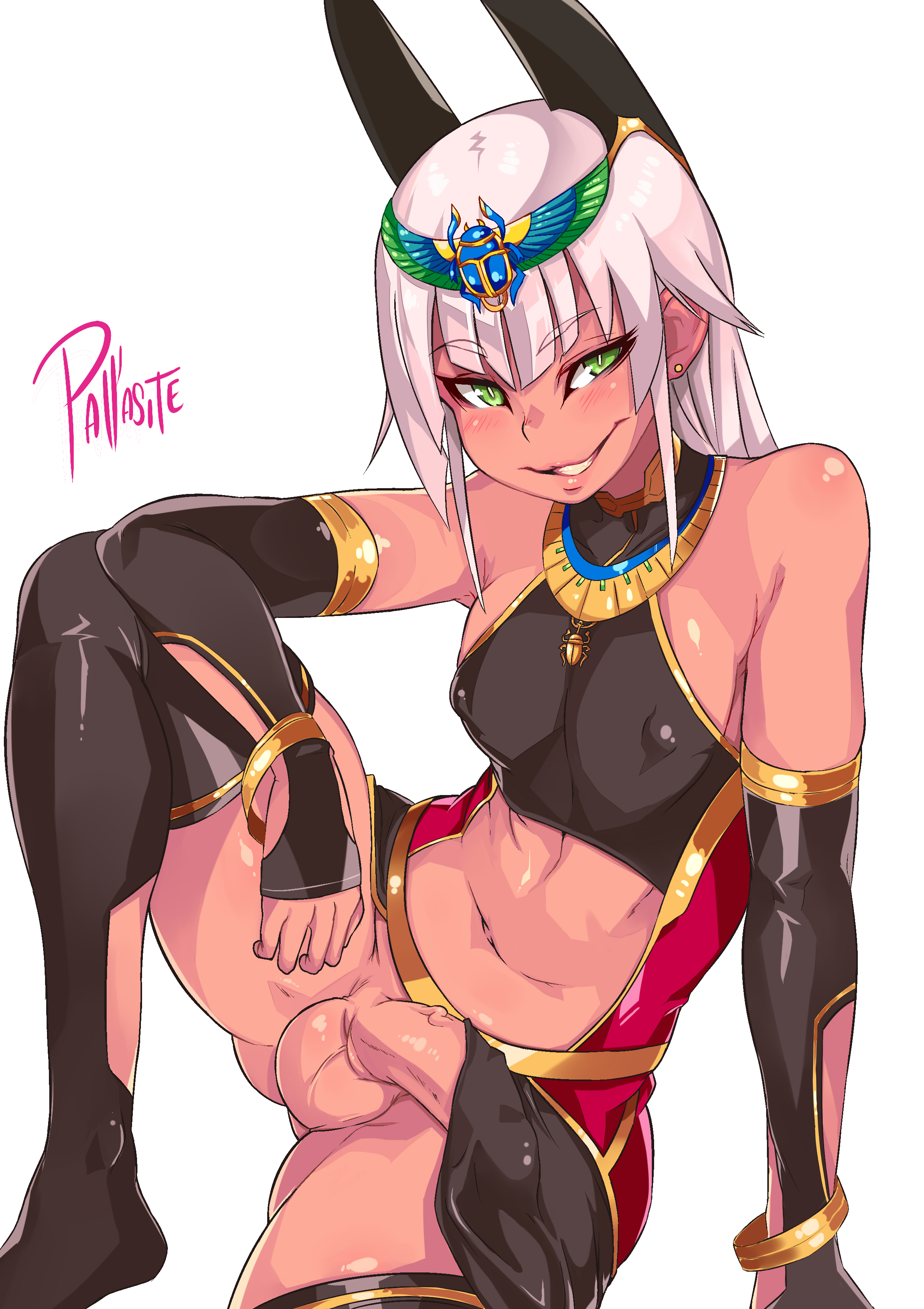1boy, androgynous, balls, cute male, dark skin, dark-skinned femboy, dark-skinned male, egyptian, erect nipples, erection, femboy, girly, looking at viewer, male, male only, navel, nipples, pallasite, penis, smile, spread legs, testicles, thighhighs, trap, veiny penis