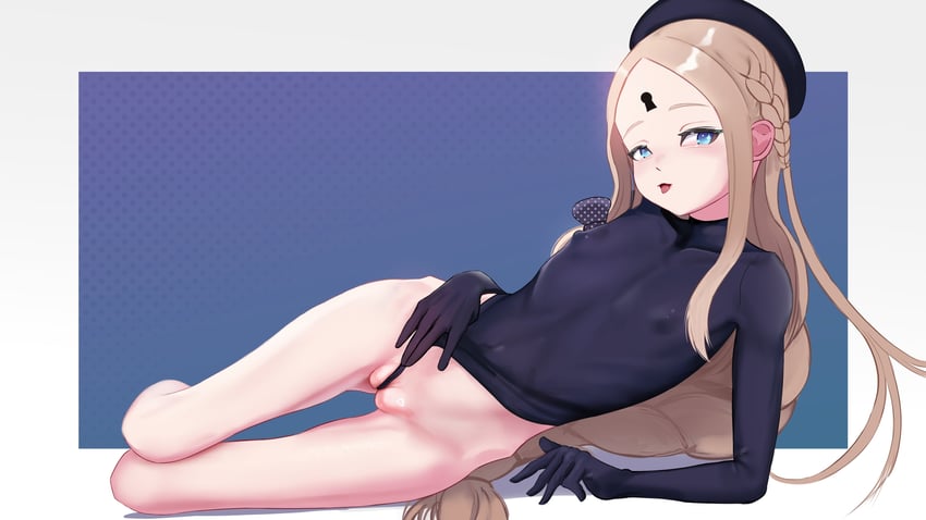 1girl, abigail williams (fate), blue eyes, blue hat, blue leotard, braid, brown hair, commentary, covered nipples, english commentary, fate (series), fate/grand order, frontal wedgie, hat, highres, leotard, long hair, looking at viewer, lying, on side, open mouth, partially visible vulva, pussy, rancidronin, self wedgie, solo, thigh gap, wedgie