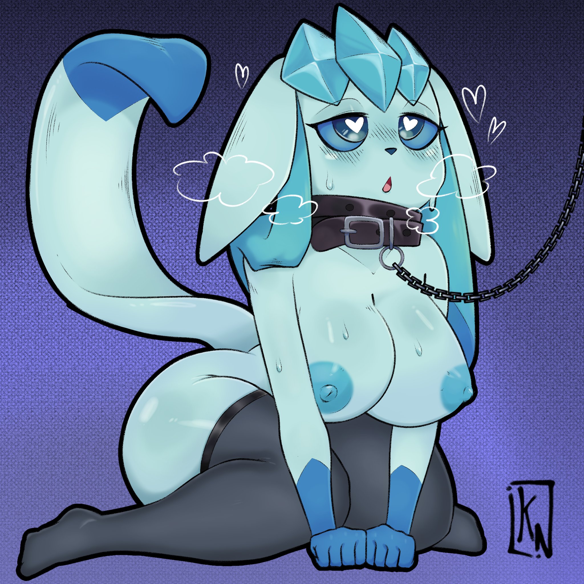 anthro, areola, big breasts, blue areola, blue body, blue eyes, blue fur, blue nipples, blue sclera, bodily fluids, breasts, chain collar, clothing, collar, dipstick tail, ears down, eeveelution, eyelashes, feet, female, front view, fur, generation 4 pokemon, glaceon, gloves (marking), grey clothing, grey legwear, grey stockings, heart eyes, heart symbol, hi res, huge breasts, katoneko, kneeling, leash, leashed collar, legwear, legwear only, markings, mostly nude, nintendo, nipples, open mouth, pivoted ears, pokemon, pokemon (species), purple background, simple background, solo, stockings, stockings only, sweat, tail, tail markings