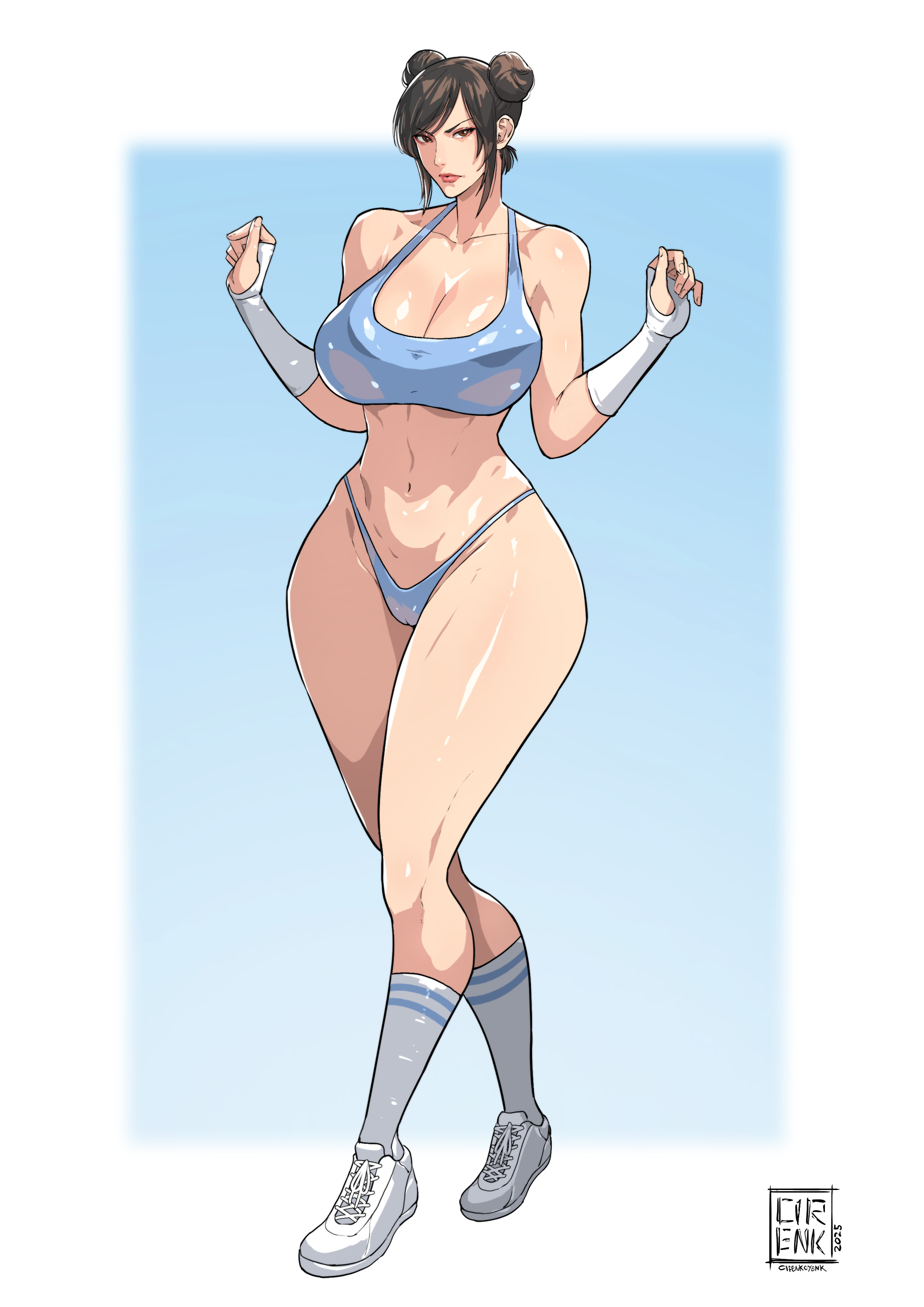 1girls, big breasts, blue sports bra, blue underwear, breasts, breasts out, brown eyes, brown hair, chun-li, cirenk, exposed breasts, female, hairbun, large breasts, long hair, sports bra, street fighter, underwear, variant set