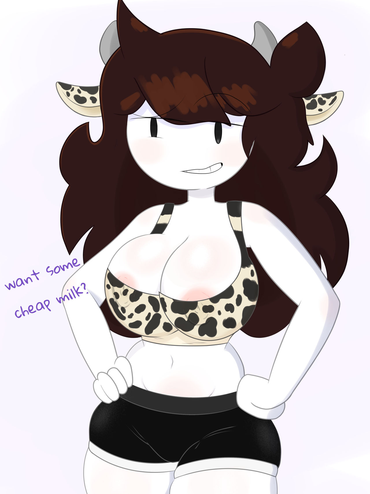 1girl, 1girls, aerolae, big breasts, breasts, brown hair, cleavage, cow print, female, female focus, female only, horn, horns, jaiden, jaiden animations, legs, looking at viewer, smile, waist