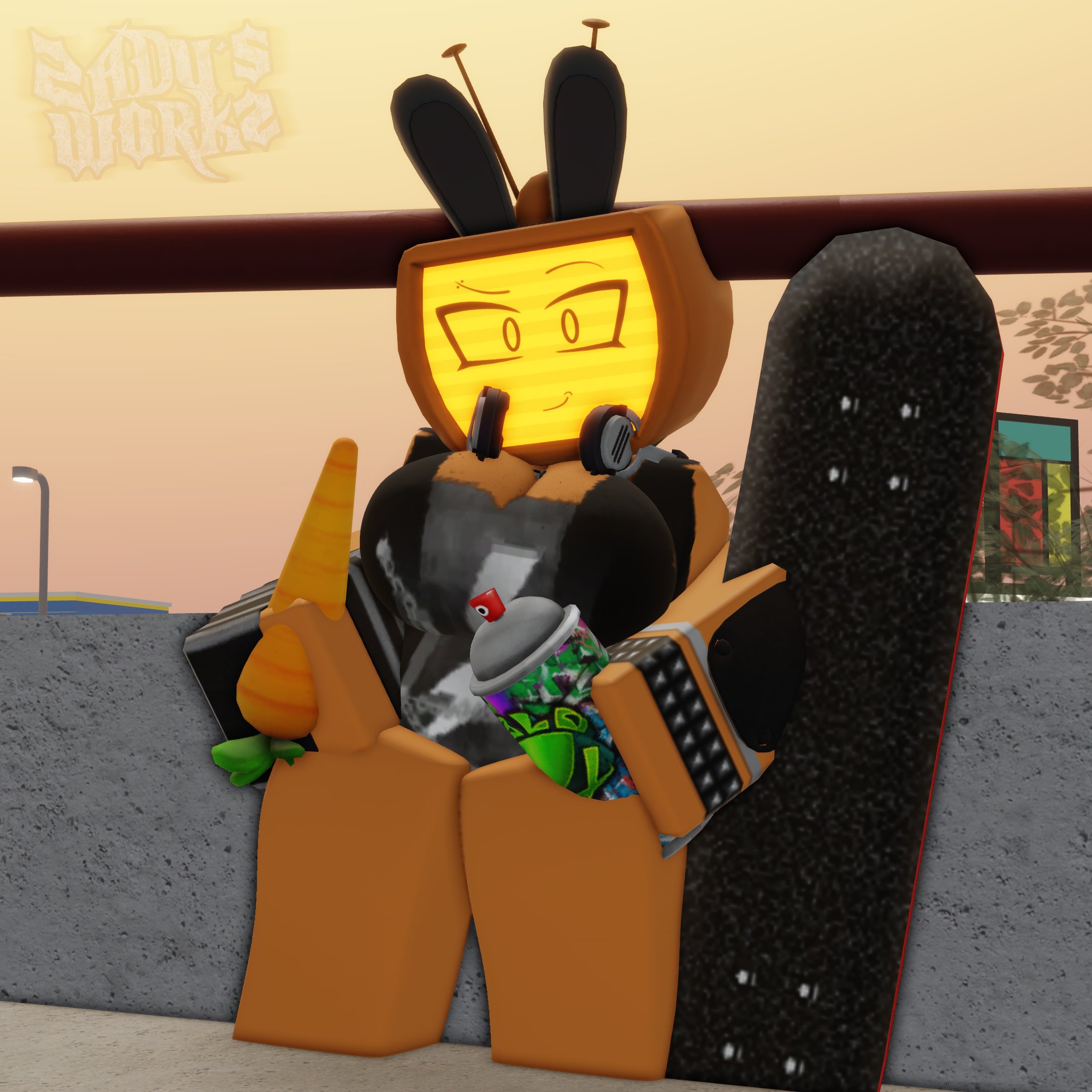 1girls, 2026, 3d, artist name, big breasts, black vest, bottomless, bottomless female, bracelet, breasts, bunny ears, bunny veeronica, carrot, chubby, cleavage, clothing, crimstuff, day, eyebrows, female, female only, forsaken (roblox), glove, grey clothing, headphones, headphones around neck, holding object, looking at viewer, no visible genitalia, one glove, orange body, outdoors, roblox, roblox game, robloxian, robot, robot girl, skateboard, sleeveless, smile, solo, spray can, standing, striped glove, stripes, studded bracelet, thick thighs, thighs, tv head, veeronica, vest, watermark, zaduworkz