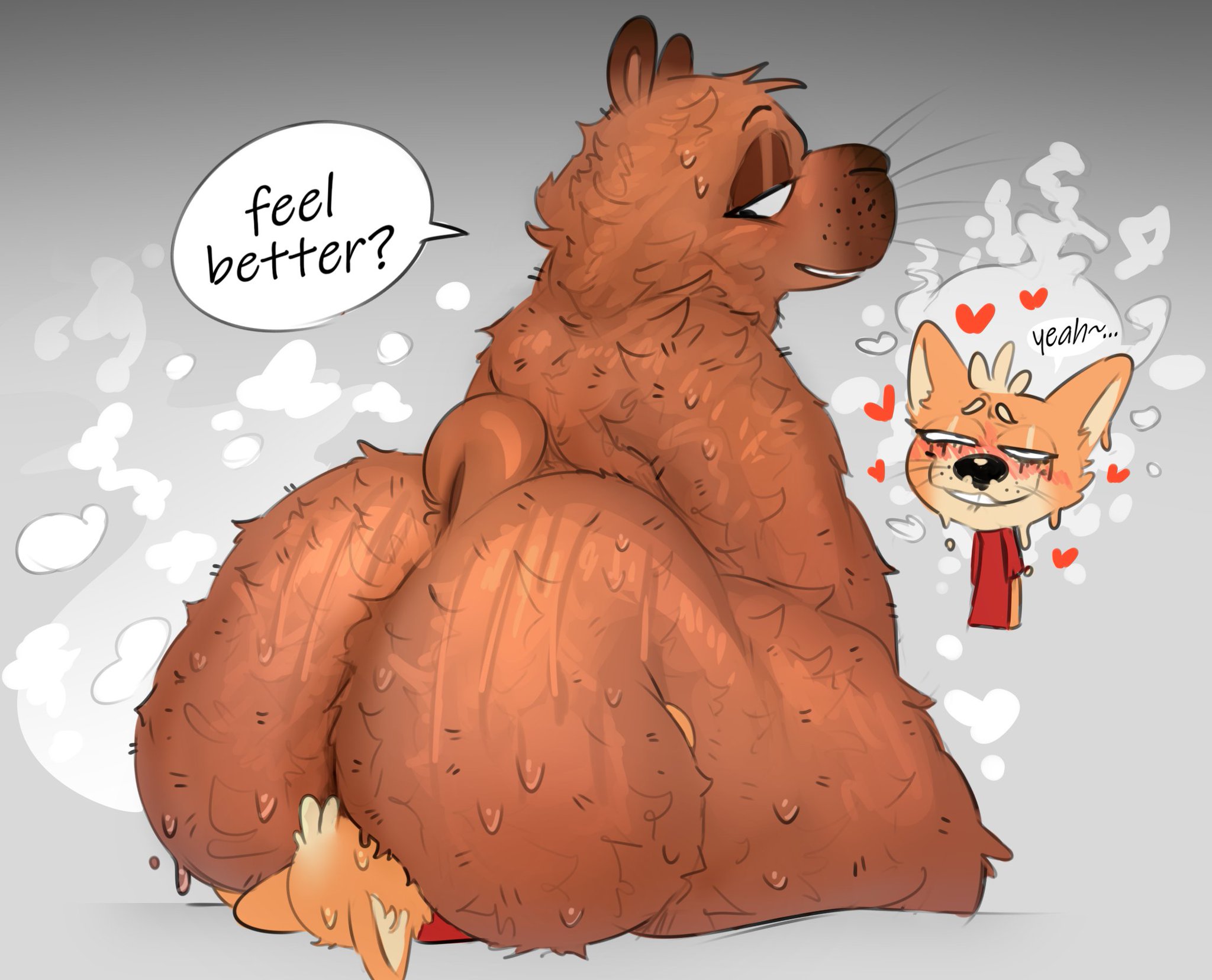 anthro, anthro on anthro, bare ass, big ass, biting lip, blush, blushing, brown fur, canine, capybara, chester (iamapoliceman), facesitting, furry, head tuft, heart, iamapoliceman, larger male, looking back, looking pleasured, makeup, male, male/male, mascara, musk, musk clouds, nude, nude male, orange fur, rodent, roommate, running mascara, runny makeup, shiba inu, short tail, sitting, sitting on person, size difference, smaller male, smile, sweat, sweatdrop, sweating, t-shirt, whiskers