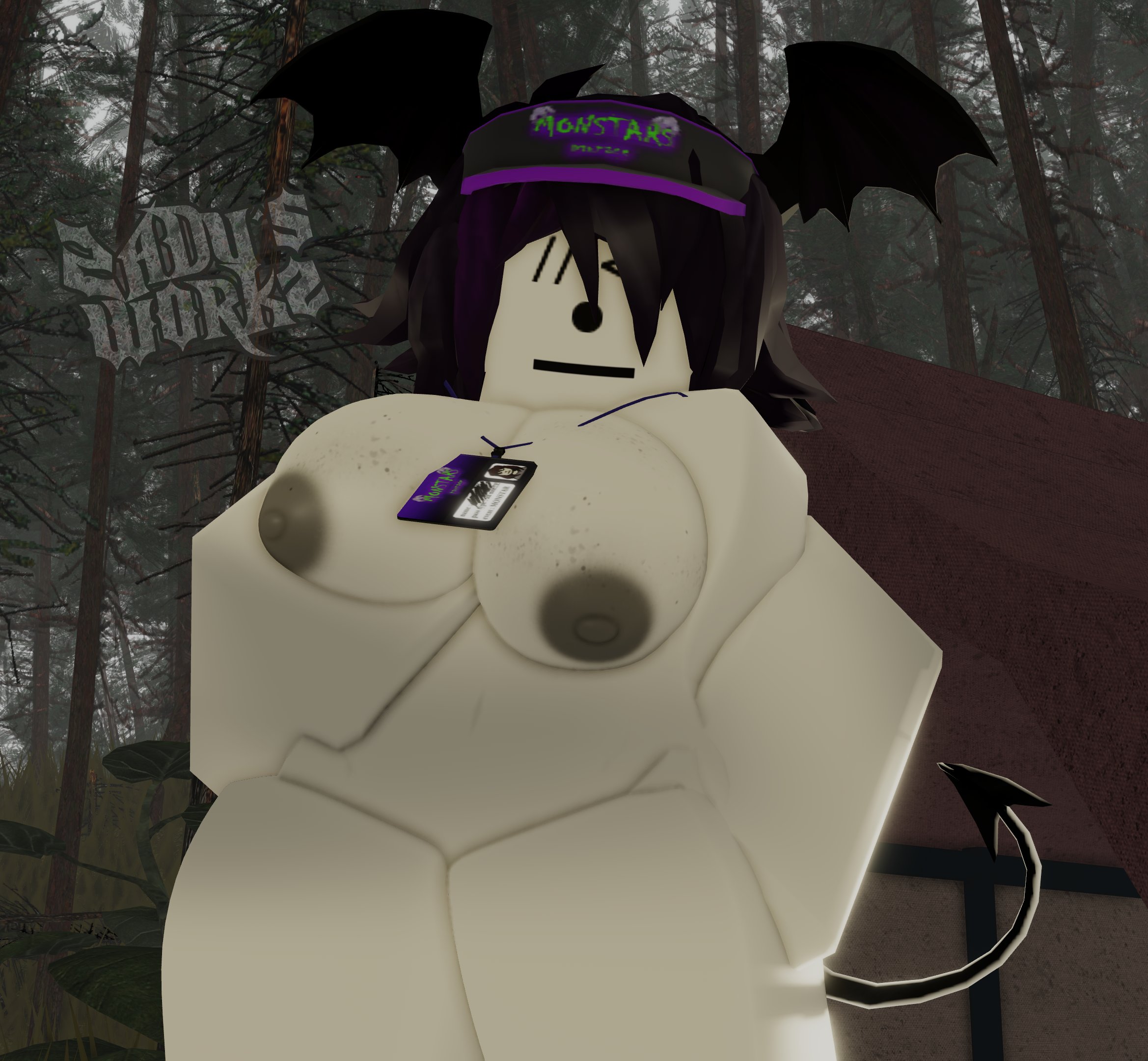 1girls, 2026, 3d, areolae, artist name, bat wings, bat wings on head, belly button, big breasts, black hair, breasts, completely nude, completely nude female, crimstuff, elliot (forsaken), female, female only, forest, forest background, forsaken (roblox), freckles, freckles on breasts, id card, lanyard, long hair, looking at viewer, monstar merchant (forsaken), name tag, nipples, no visible genitalia, nude, nude female, outdoor nudity, outdoors, pale skin, pale-skinned female, purple hair, roblox, roblox game, robloxian, solo, standing, stomach, tail, tent, thick thighs, thighs, tree, trees, two-tone hair, visor cap, watermark, zaduworkz