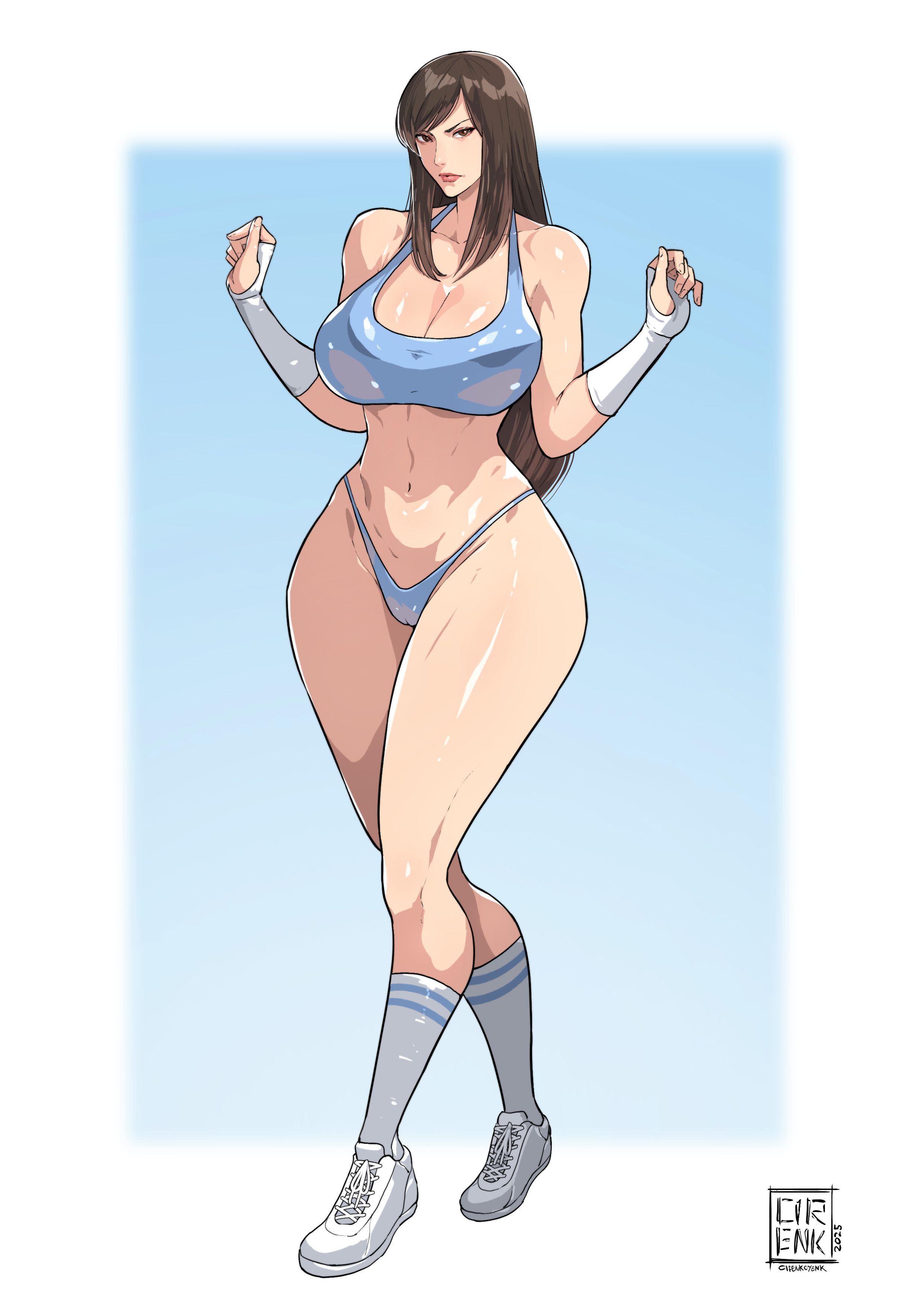 1girls, big breasts, blue sports bra, blue underwear, breasts, breasts out, brown eyes, brown hair, chun-li, cirenk, exposed breasts, female, full body, large breasts, long hair, looking at viewer, sports bra, street fighter, underwear, variant set