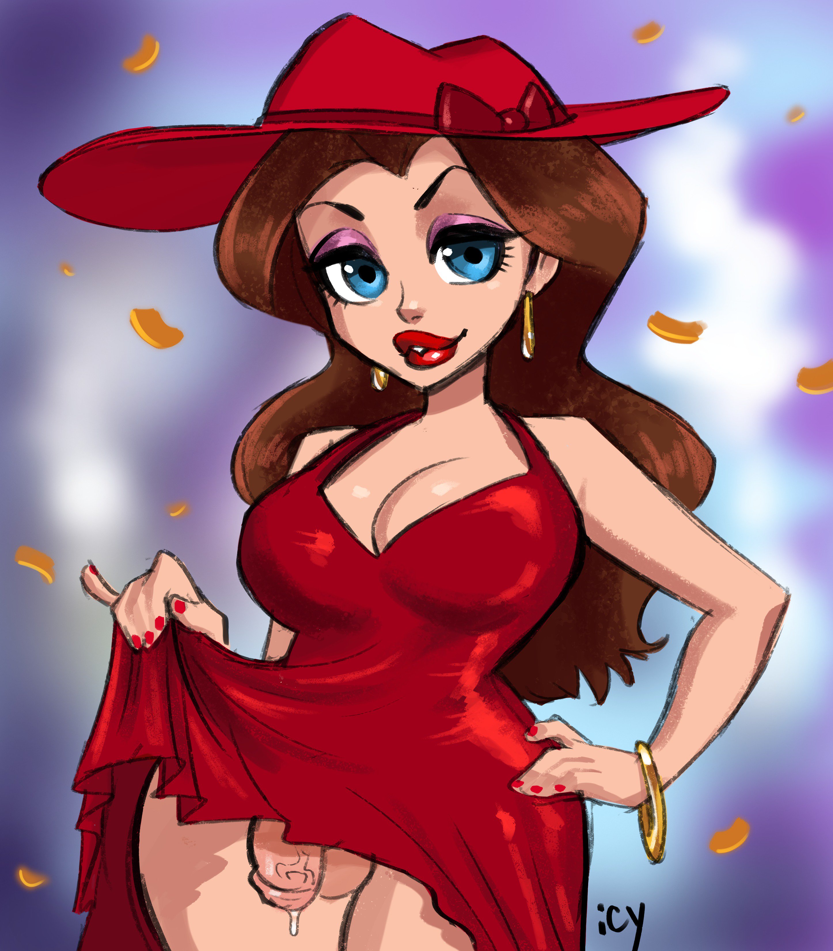 1futa, big breasts, bimbo, bracelet, breasts, cleavage, dickgirl, dress, dress lift, earrings, eyeshadow, fingernails, futa only, futanari, hourglass figure, intersex, iseenudepeople, lipstick, looking at viewer, makeup, mario (series), nail polish, nintendo, no panties, pauline, penis, penis under dress, seductive, solo, super mario odyssey
