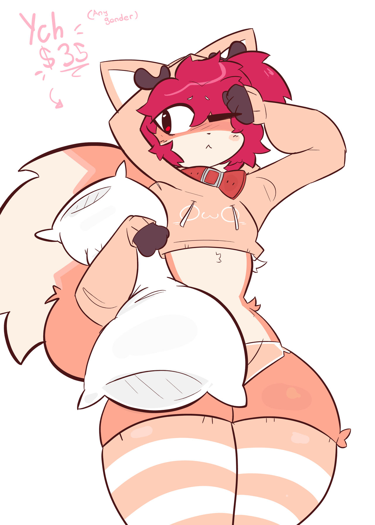 1boy, big legs, collar, cufowo, femboy, fur, furry, legs, orange fur, pillow, pillow grab, red eyes, red hair, socks, sweater, thighs