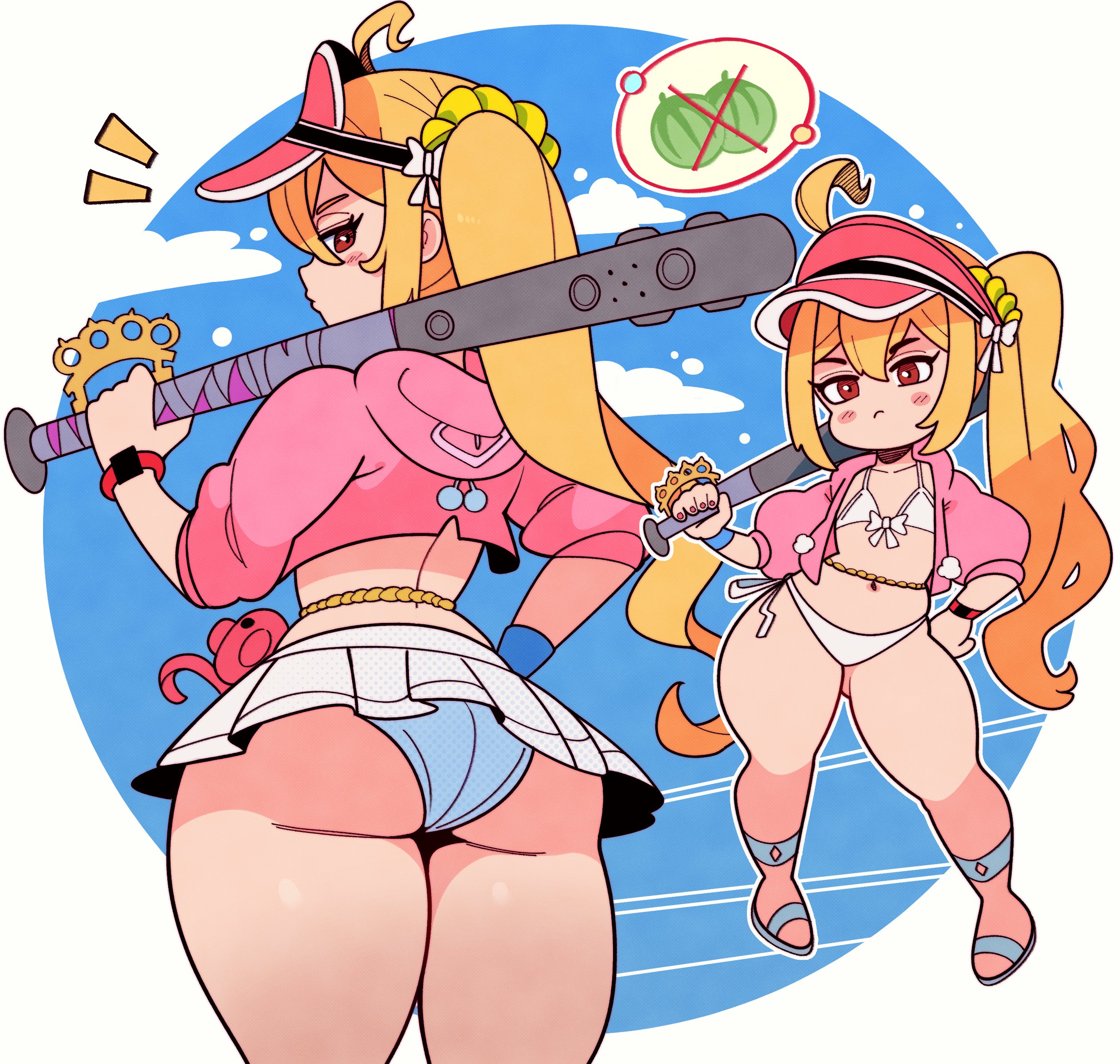 1girls, ass, baseball bat, big ass, female, female focus, female only, highres, light skin, light-skinned female, looking at viewer, luciana de montefio, luciana de montefio (princess on holiday), official alternate costume, side ponytail, skirt, small breasts, smile, solo, thick thighs, thighs, tiaramisstsu, visor cap, wide hips, zenless zone zero