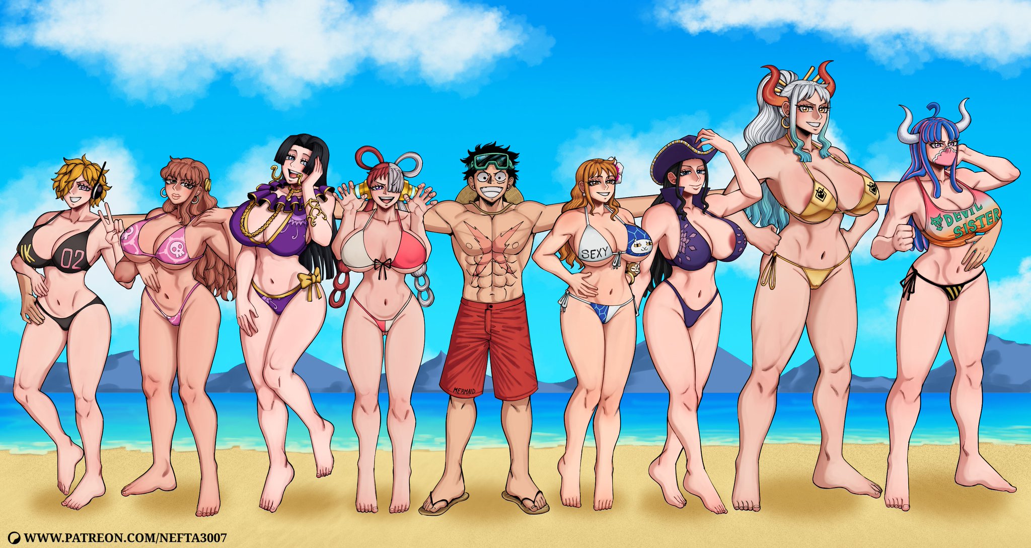 1boy, 6+girls, 8girls, amazon, amazonian, aqua hair, beach, big boobs, big breasts, big butt, big hips, big thighs, big tits, bikini, black hair, blonde, blonde female, blonde hair, blonde hair female, blue eyes, blue hair, boa hancock, boobs, breasts, brown eyes, butt, cleavage, commission, cowboy hat, curvaceous, curvaceous body, curvaceous female, curvaceous figure, curvaceous hips, curvaceous thighs, curvy, curvy body, curvy female, curvy figure, curvy hips, curvy thighs, female, gigantic ass, gigantic boobs, gigantic breasts, gigantic butt, gigantic hips, gigantic thighs, gigantic tits, gloriosa (one piece), golden bikini, golden eyes, green hair, harem, hat, hips, horn, horns, huge boobs, huge breasts, huge butt, huge hips, huge thighs, huge tits, imminent sex, large breasts, long hair, male, massive ass, massive boobs, massive breasts, massive butt, massive hips, massive thighs, massive tits, monkey d luffy, multicolored hair, multiple girls, nami (one piece), nefta3007, nico robin, one piece, oni, oni female, oni horns, orange eyes, orange hair, pink eyes, pink hair, pirate, pirate girl, purple eyes, purple hair, red hair, redhead, redhead female, short hair, straight, swimsuit, taller female, thick thighs, thighhighs, thighs, tits, tomboy, toned, toned body, toned female, toned male, ulti (one piece), vegapunk lilith, voluptuous, voluptuous body, voluptuous female, voluptuous milf, white hair, wide hips, wide thighs, yamato (one piece), yellow eyes