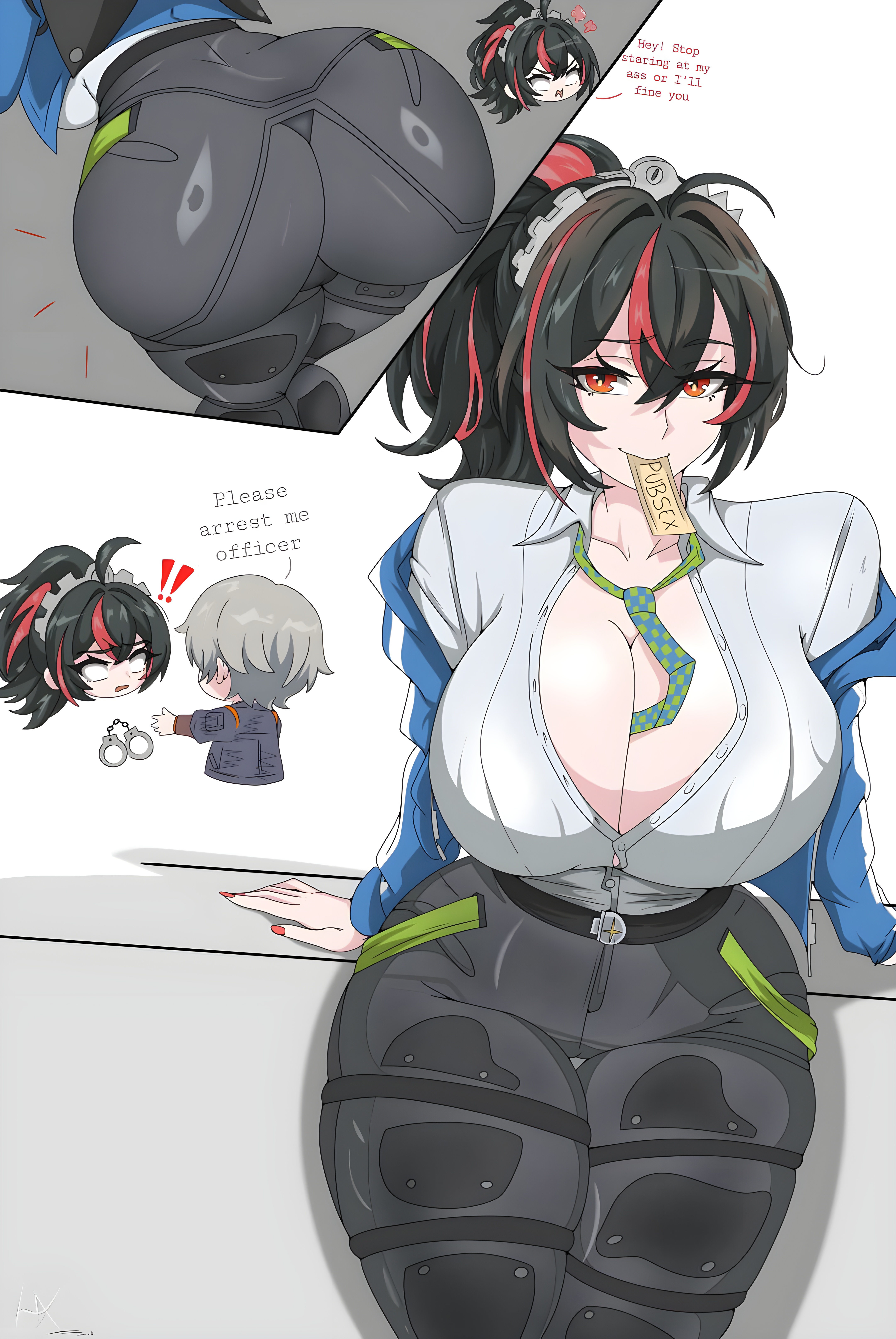 1boy, 1girl, absurd res, ass, ass bigger than head, ass window, badonkadonks, big ass, big breasts, big butt, black hair, boobs, booty, breasts, breasts bigger than head, butt, butt focus, cleavage, clothed, colored nails, cop, curvy, embarrassed, embarrassed female, fat ass, fat butt, fat thighs, fat tits, female, highlights (coloring), huge ass, huge breasts, laizent art, long nails, orange eyes, painted nails, policewoman, pubsec, red highlights, red nails, tagme, text, thick ass, thick thighs, thigh gap, thighs, tight clothing, unbuttoned, unbuttoned shirt, upscaled, voluptuous, voluptuous female, white shirt, wide hips, wise (zenless zone zero), zenless zone zero, zhu yuan