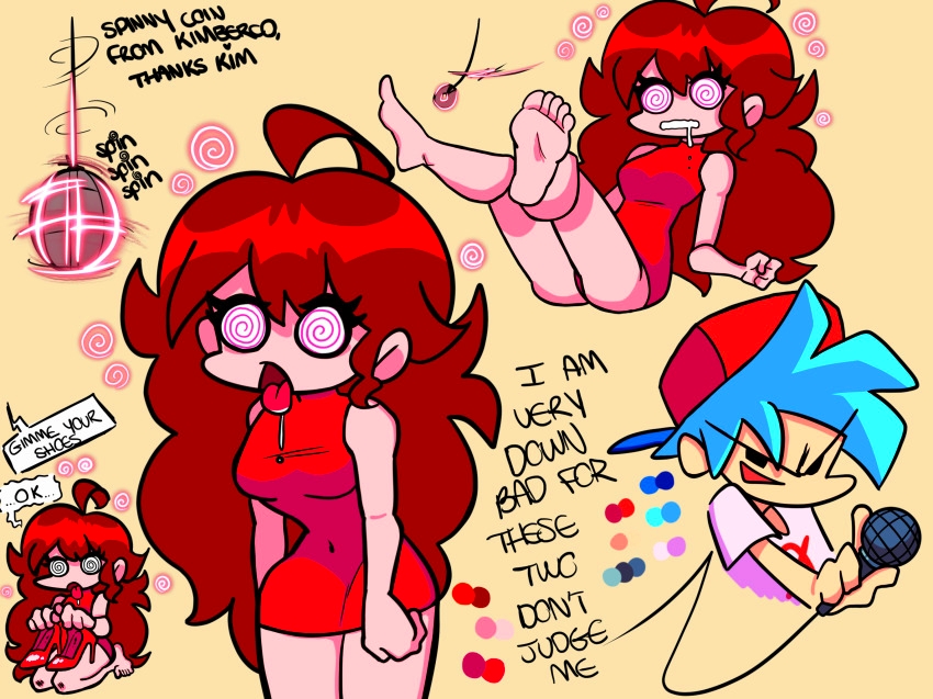 1boy, 1girl, 1girl1boy, 1girls, boyfriend (friday night funkin), cyan hair, feet, feet up, female, female focus, friday night funkin, girlfriend (friday night funkin), heels, hypnosis, hypnotic eyes, hypnotized, legs up, male, microphone, open mouth, red hair, saliva, saliva drip