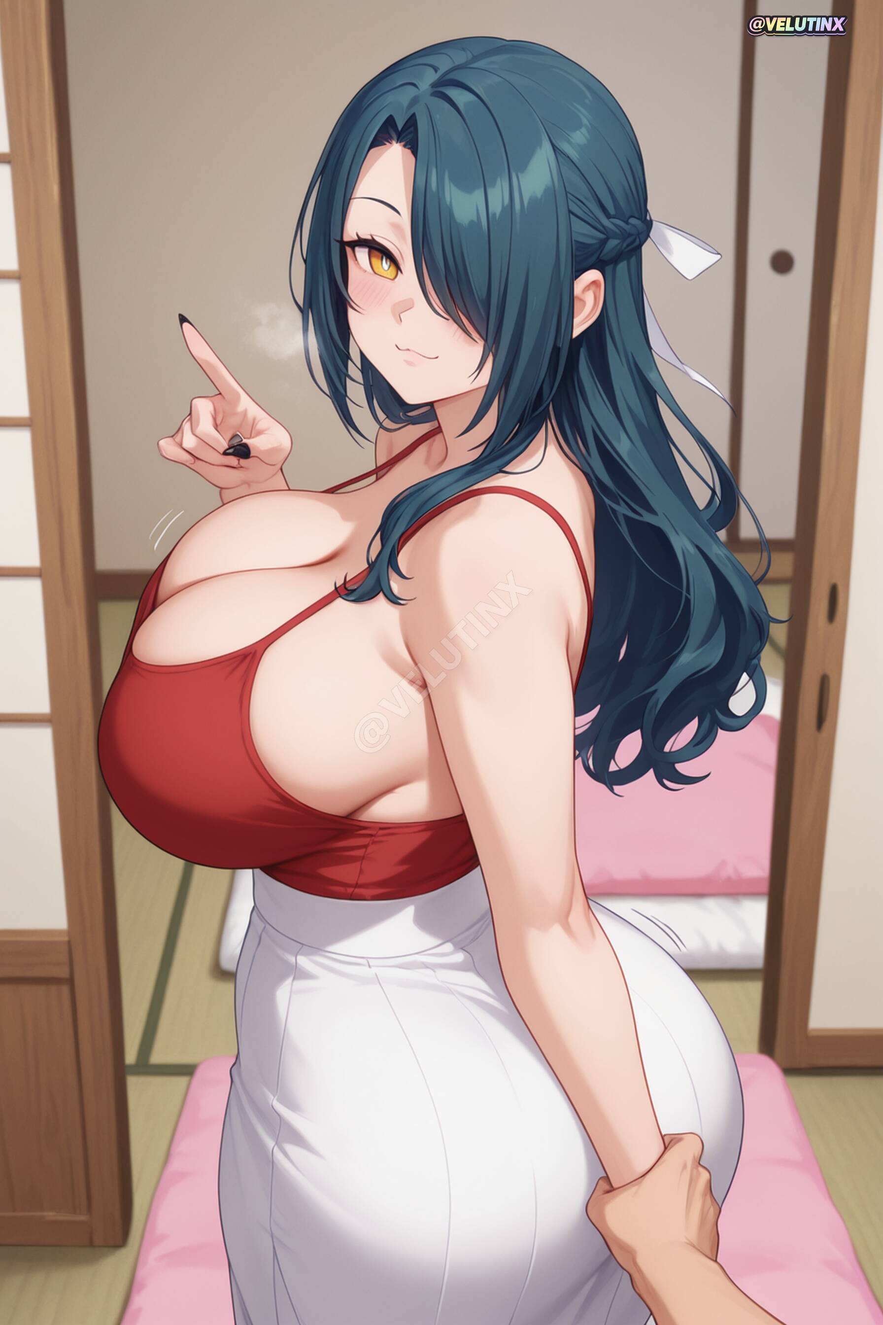 1girls, ai generated, azuma fubuki, bangs, bare shoulders, big ass, big breasts, big thighs, black hair, black nails, blue hair, blush, braid, braided ponytail, breath, bubble butt, bursting breasts, busty, chained soldier, cleavage, closed mouth, collarbone, covered nipples, curvaceous, curvaceous ass, curvaceous body, curvaceous female, curvaceous figure, curvaceous hips, curvaceous thighs, curvy, curvy body, curvy female, curvy figure, curvy hips, curvy thighs, fellatio gesture, fingernails, friends mother, from behind, futon, hair over one eye, hair over shoulder, hair ribbon, hand up, heavy breathing, hetero, high-waist skirt, holding another's wrist, holding hands, hourglass figure, hourglass figured female, huge ass, huge breasts, huge hips, indoors, large breasts, leading, long fingernails, long hair, long skirt, looking at viewer, looking back, mato seihei no slave, mature, mature female, milf, mother, motion lines, nail polish, nails painted, ok sign, one eye covered, out of frame, paid reward available, pantylines, pillow, plump thighs, pov, red shirt, ribbon, sharp fingernails, shiny hair, shiny skin, shirt tucked in, single braid, skindentation, skirt, sleeveless, sleeveless shirt, slim waist, smile, soft breasts, solo focus, standing, sweat, sweating, sweaty, sweaty body, tank top, tatami, thick butt, thick hips, thick legs, thick thighs, trembling, twisted torso, velutinx, visible breath, voluptuous, voluptuous body, voluptuous female, watermark, wet, wet body, wet skin, white skirt, wide ass, wide hipped female, wide hips, wide thighs, yellow eyes