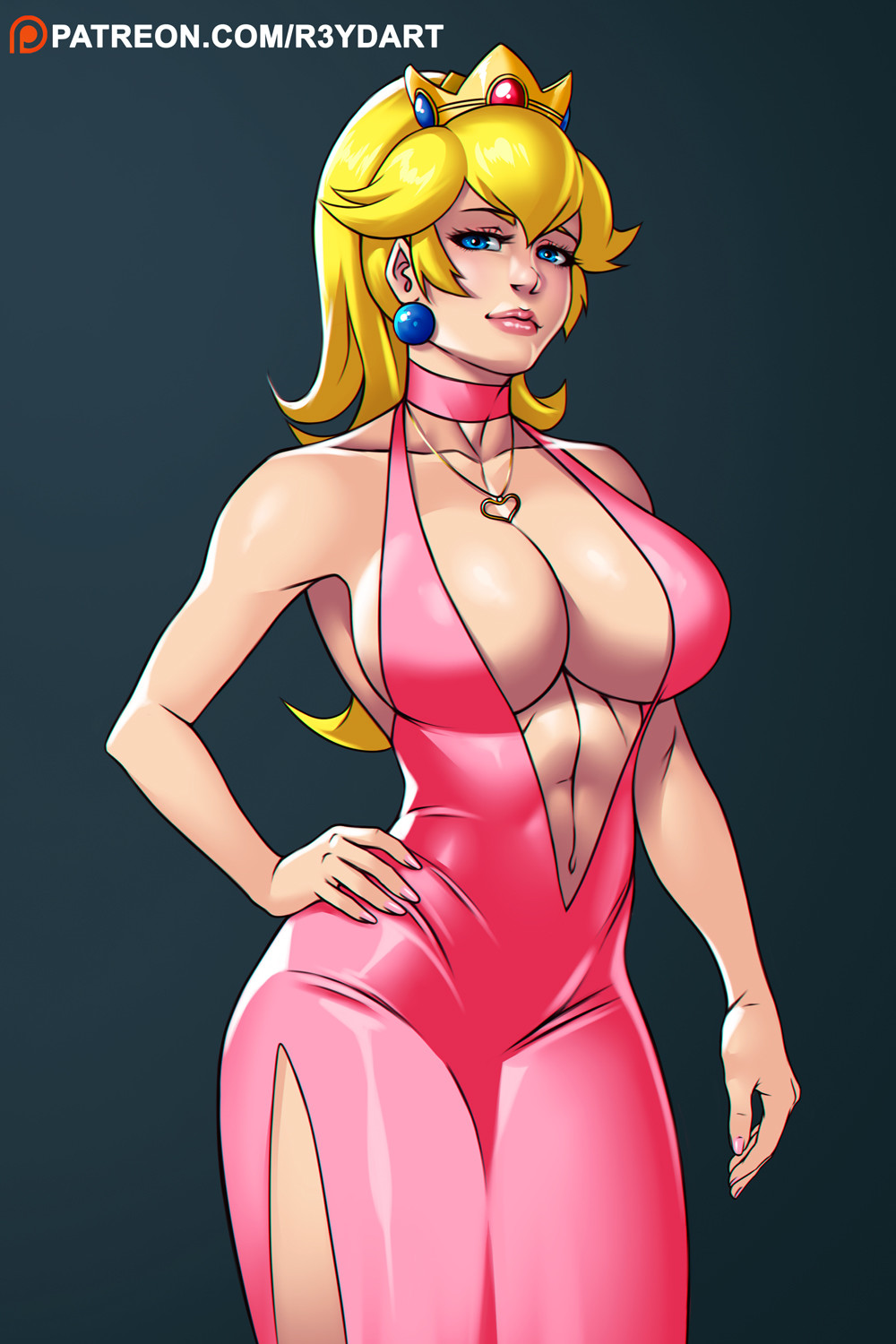 1girls abs big_breasts blonde_hair blue_eyes bodysuit breasts choker cleavage crown dress female female_only fingernails hand_on_hip heart heart_necklace large_breasts long_hair looking_at_viewer mario_(series) muscles muscular muscular_female navel necklace nintendo pink_dress princess_peach r3ydart revealing_clothes simple_background skimpy solo standing tight_clothing