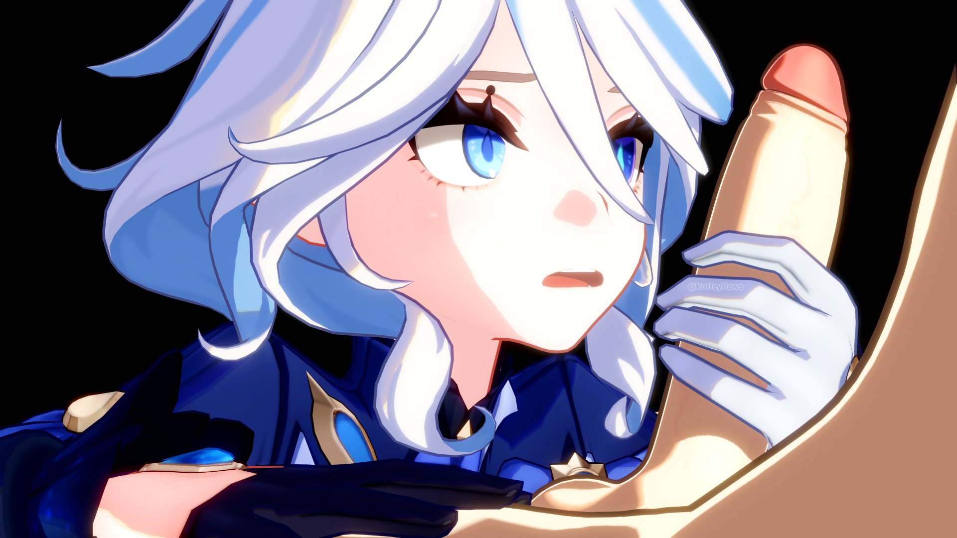 1girl, 3d, aether (genshin impact), big penis, furina (genshin impact), genshin impact, scared expression, scared face, scared female, short hair